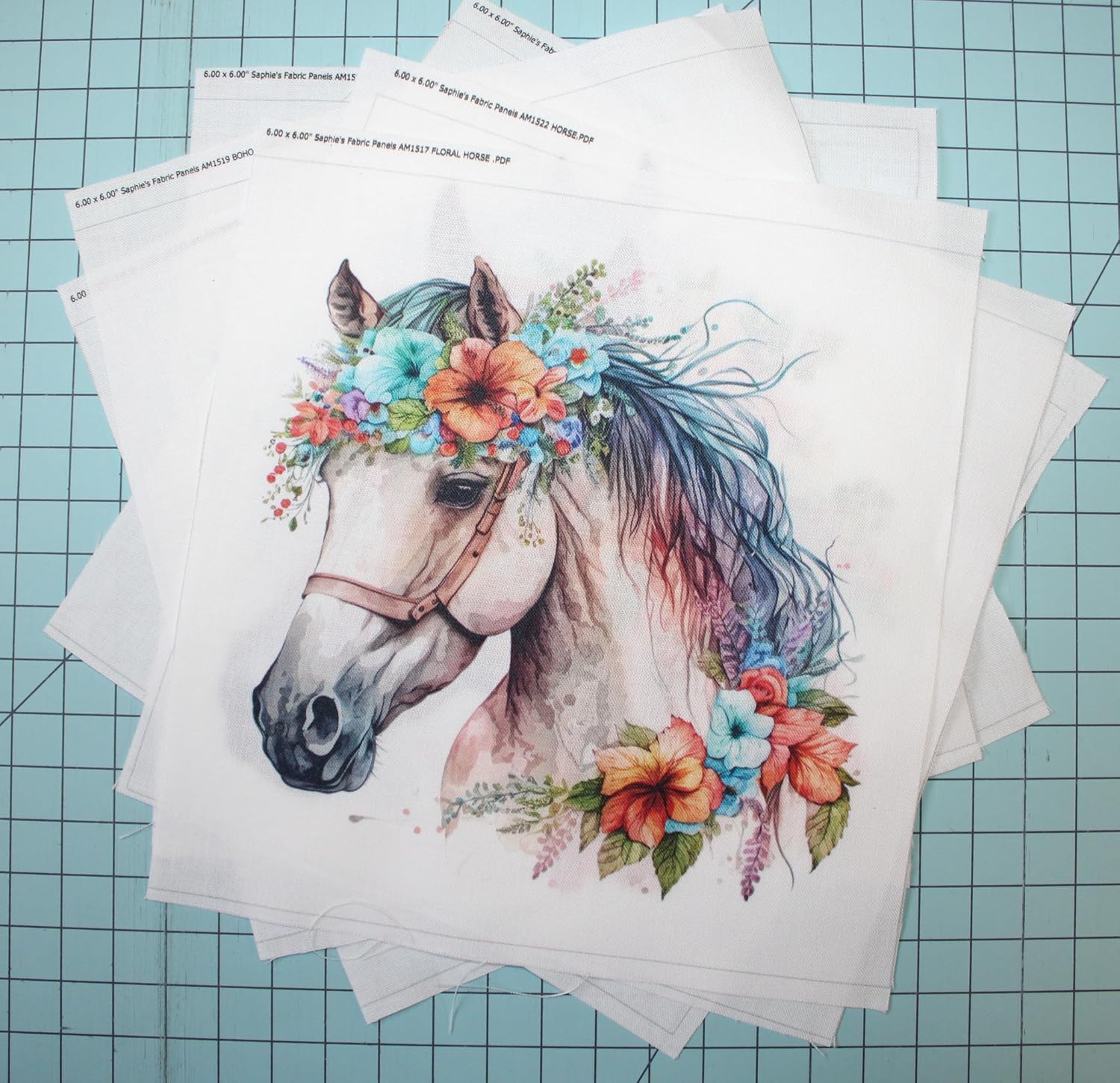 6 Piece 6"x6" Boho Floral Horses Fabric Panel Squares | Quilting Panel Blocks