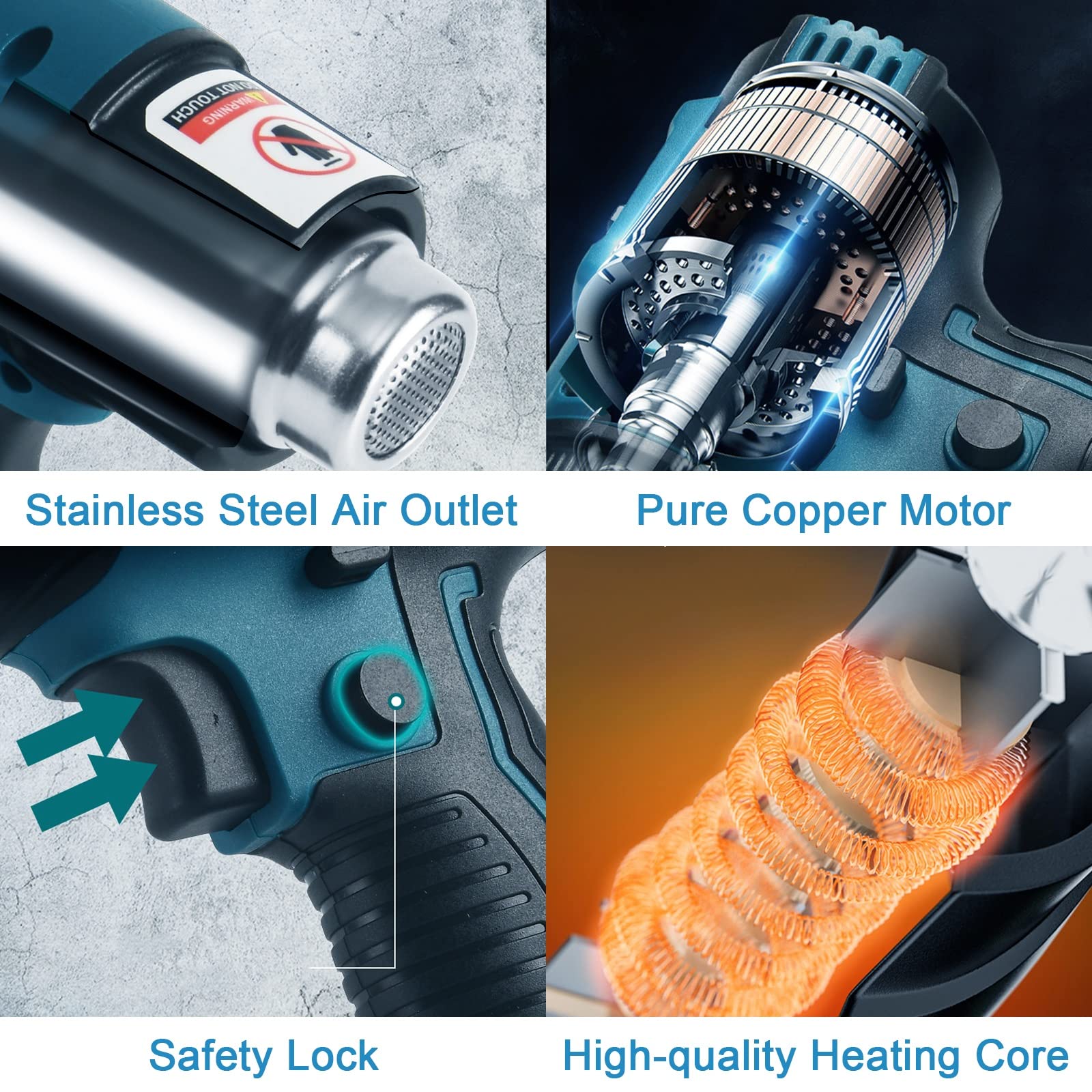 Heteluchtpistool, compatibel met Makita 18 V batterijen (niet inbegrepen), instelbare temperatuur, windsnelheid, max. 550 °C, lcd-display, voor lassen, drogen, knutselen, schilderen, strippen