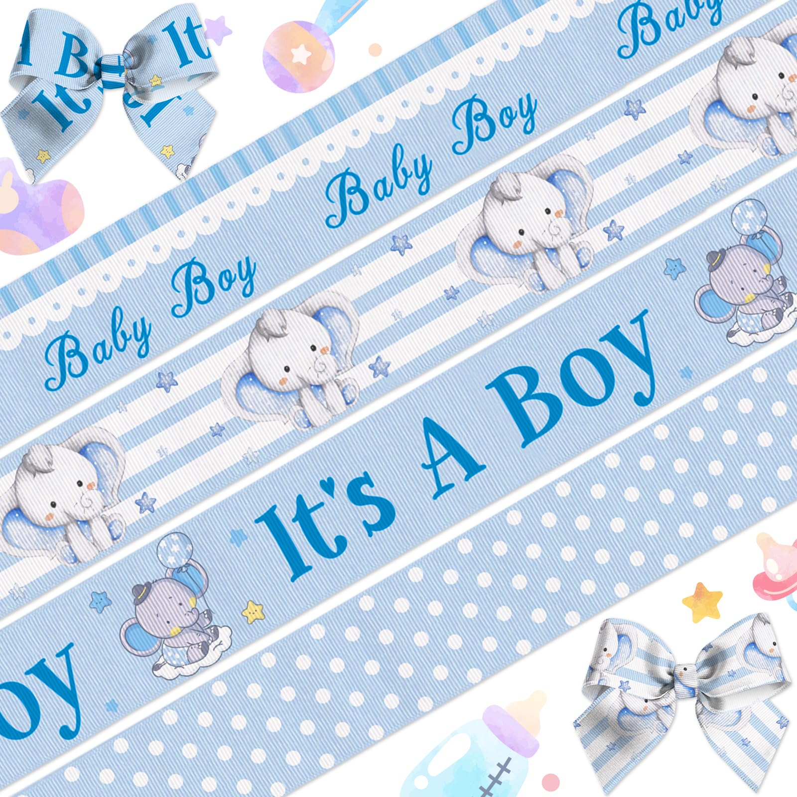 LANGFON 4 Rolls Baby Boy Ribbons - Linen Blue Diaper Cake Decor Ribbons for Gender Reveal Party Baby Shower Family Surprise Craft Gift Wrapping