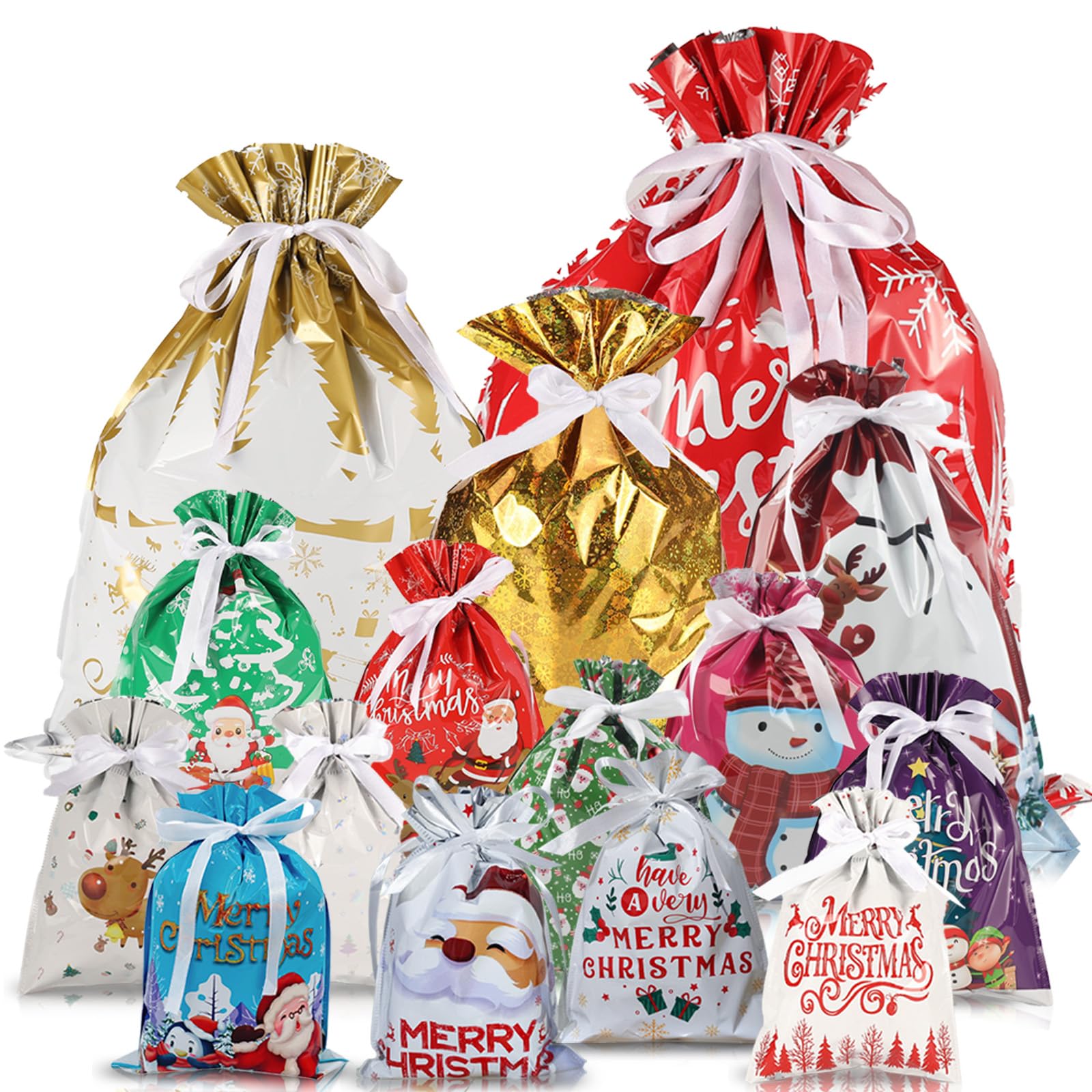 15Pcs Christmas Drawstring Gift Bags,Christmas Wrapping Bag Multipack,Xmas Pull String Bags Reusable Wonder Wrap Bags Present Sacks,Large Medium Small Foil Gift Bags for Present Xmas Party Decorations