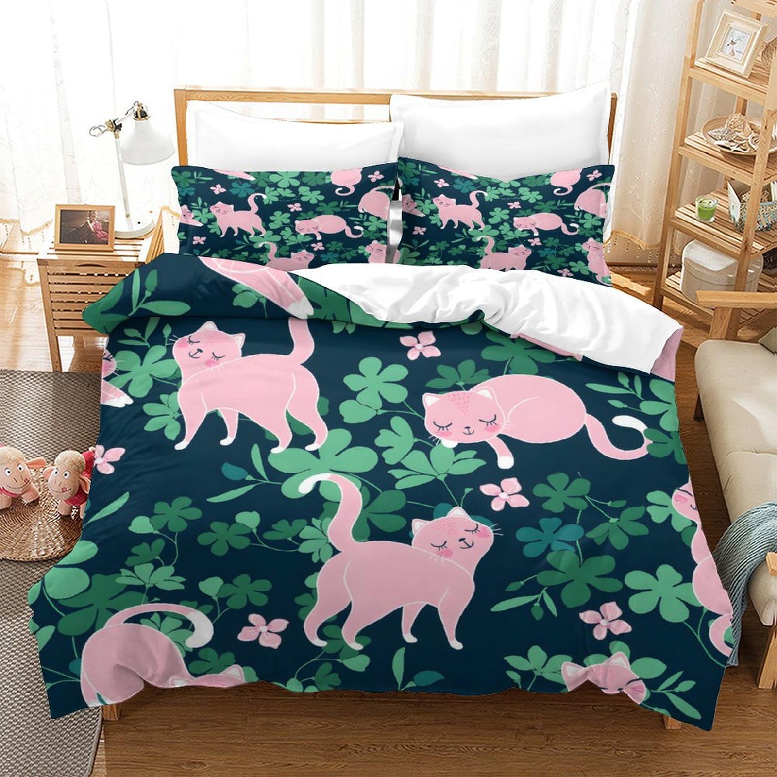 GDEKCIEAS Forest Pink Cat Cartoon 3Pcs Bedding Set for Adults,Breathable Duvet Cover And Comforter Set,Lightweight Quilt Cover for Home Single（140x200cm）