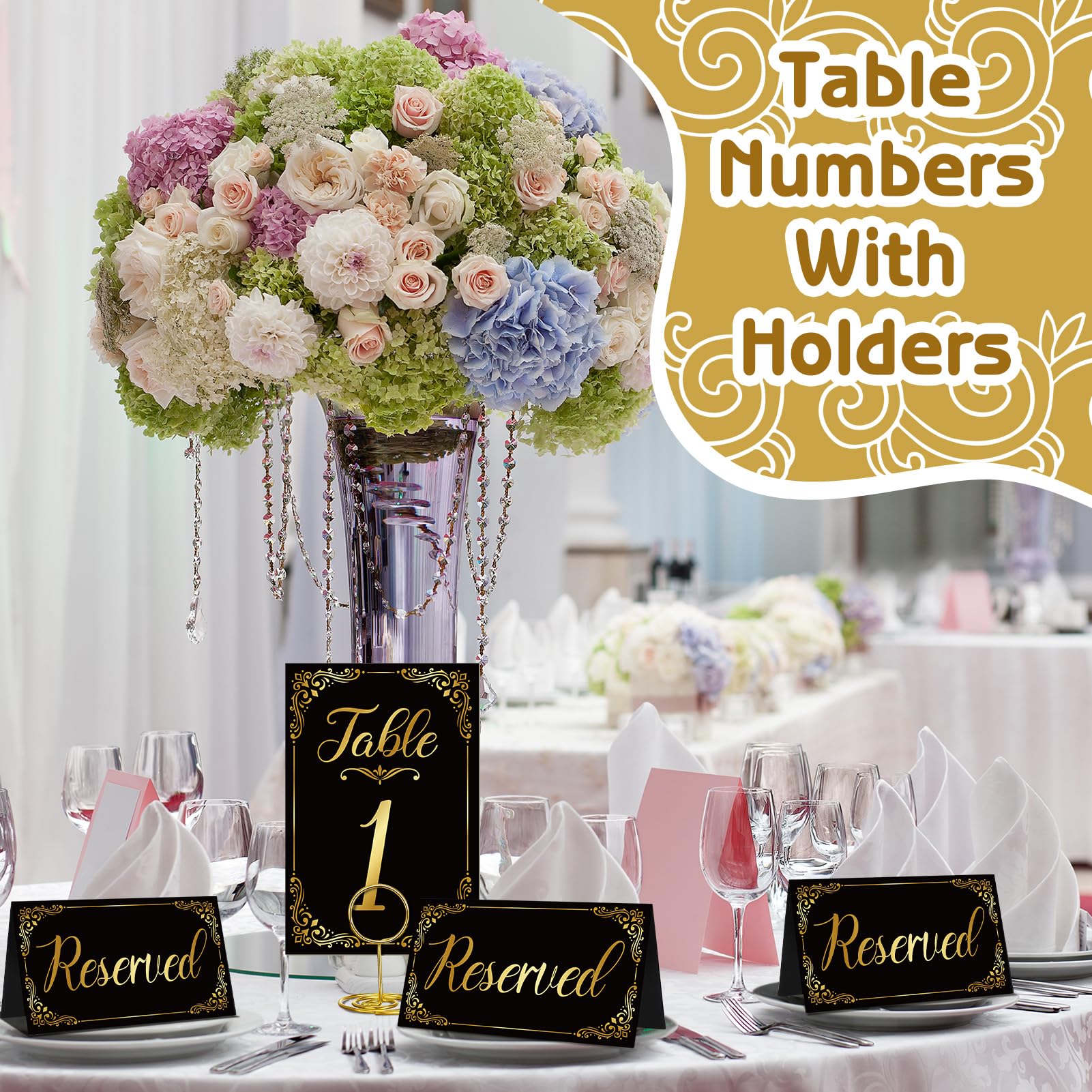 50 juegos de números de mesa de boda con soportes para números de mesa y letrero de mesa reservado, tarjetas de números de mesa dorados para recepciones de boda, aniversario, fiesta de