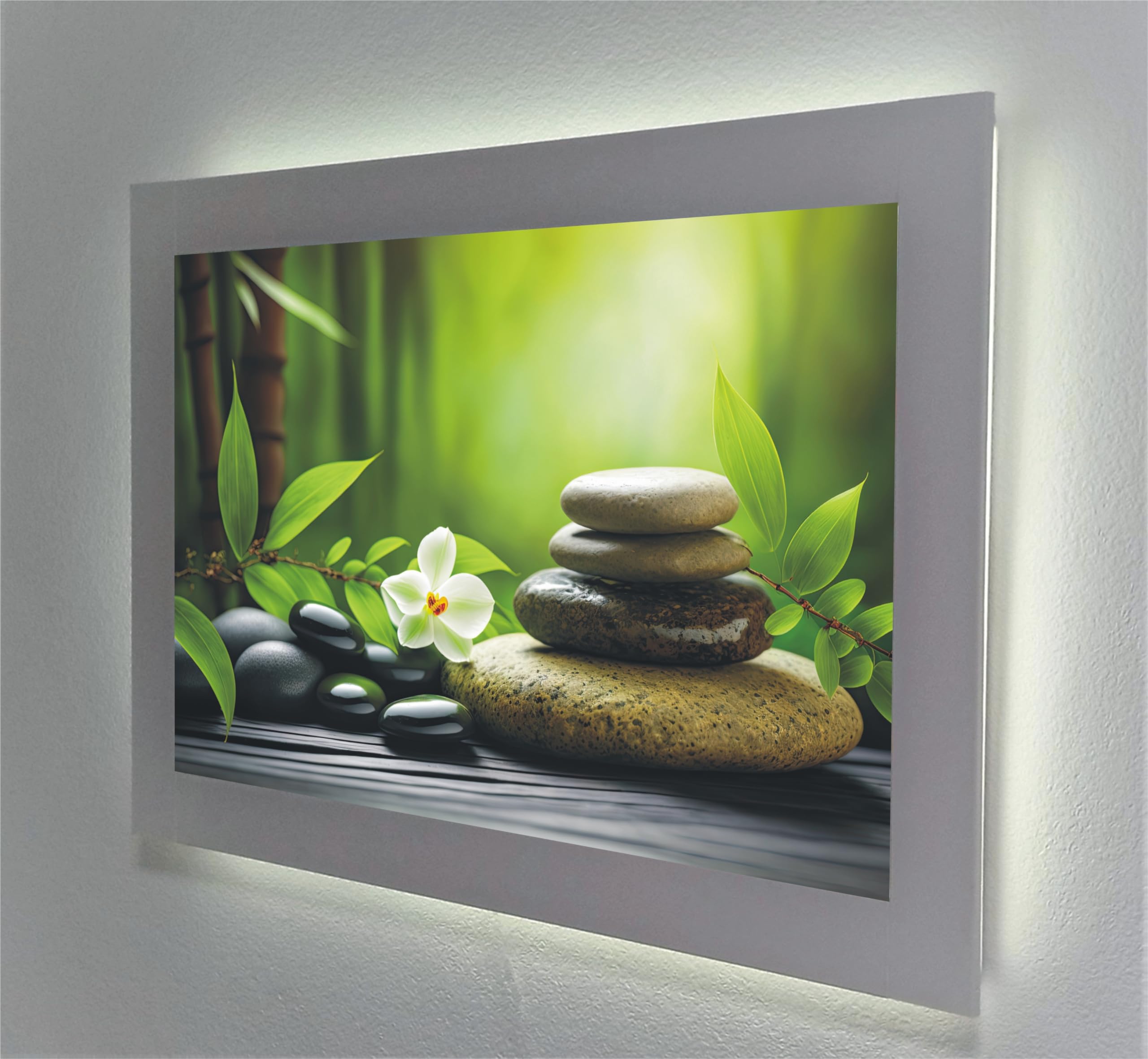 Tableau rétroéclairé LED pierres zen et bambou pour décoration murale