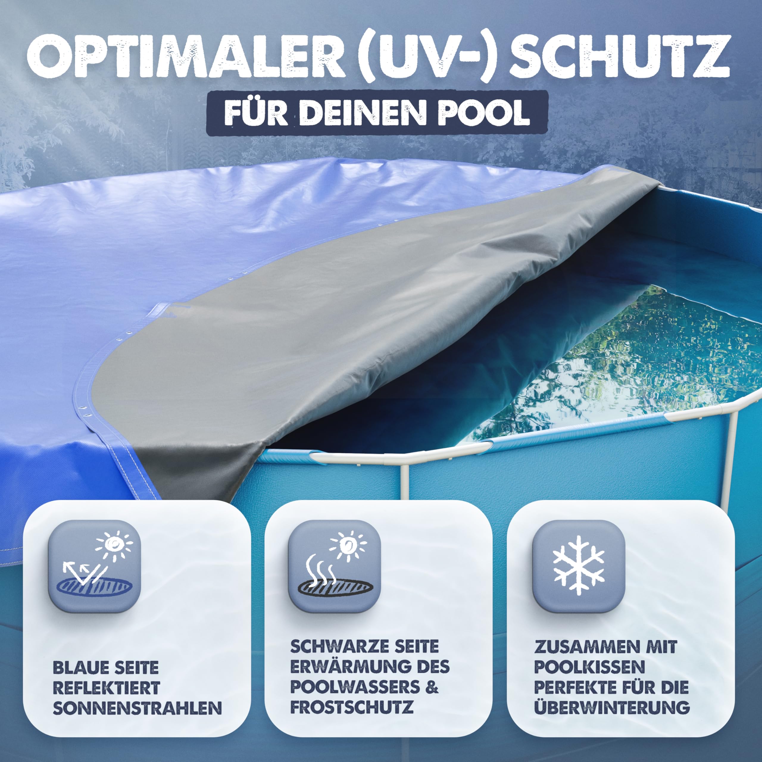 Poolabdeckung rund Ø 366 cm – Winterfeste Abdeckplane aus 200 GSM Material – Passend für Intex & Bestway Pools (Ø 420 cm Planenmaß)