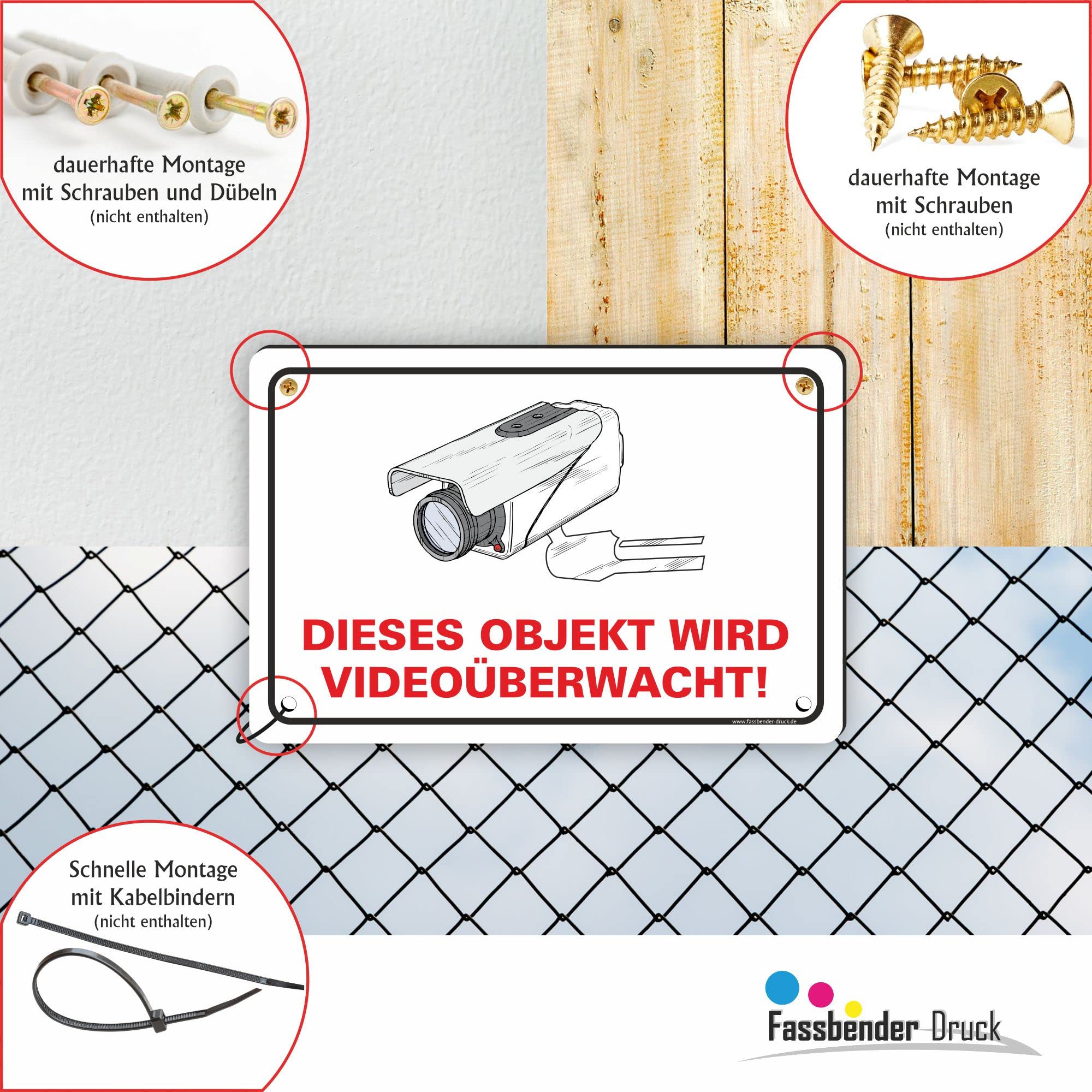 OBJEKT WIRD VIDEOÜBERWACHT vorgebohrtes Schild zum Markieren eines videoüberwachten Bereiches - Videoüberwachungsschild mit Bohrlöchern - (60x40cm SCHILD)