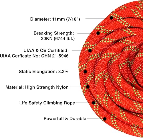 Miniatura 4 de PHRIXUS Cuerda de escalada estática de 0.394 in, 0.433 in a 32 pies, 64 pies, 100 pies, 200 pies, cuerda de nailon de seguridad para escalada en