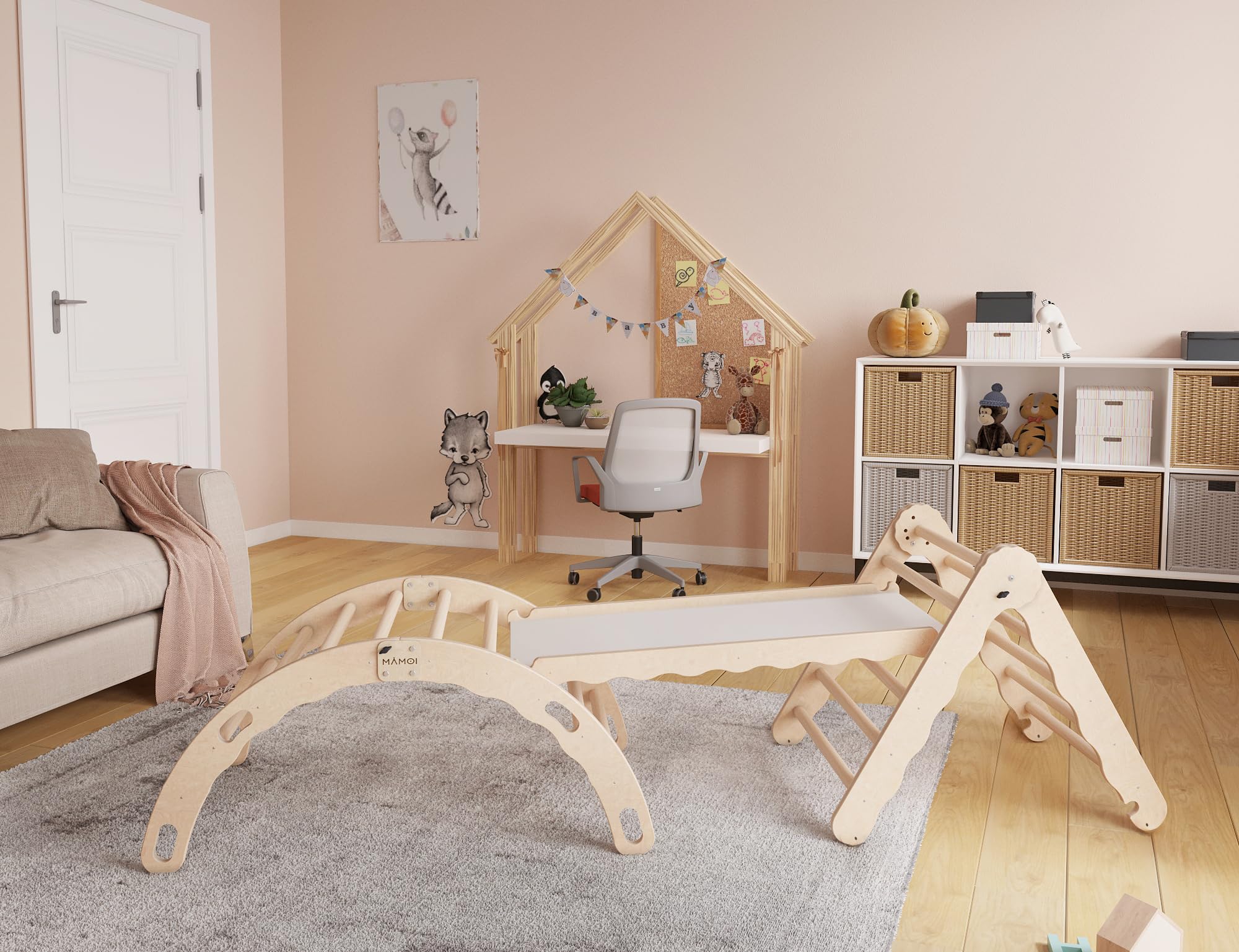 MAMOI® Set Klettergerüst Indoor – Kletterdreieck mit Rutsche aus Holz, Kletterbogen, Rutschbrett, Holzbogen für den Innenbereich
