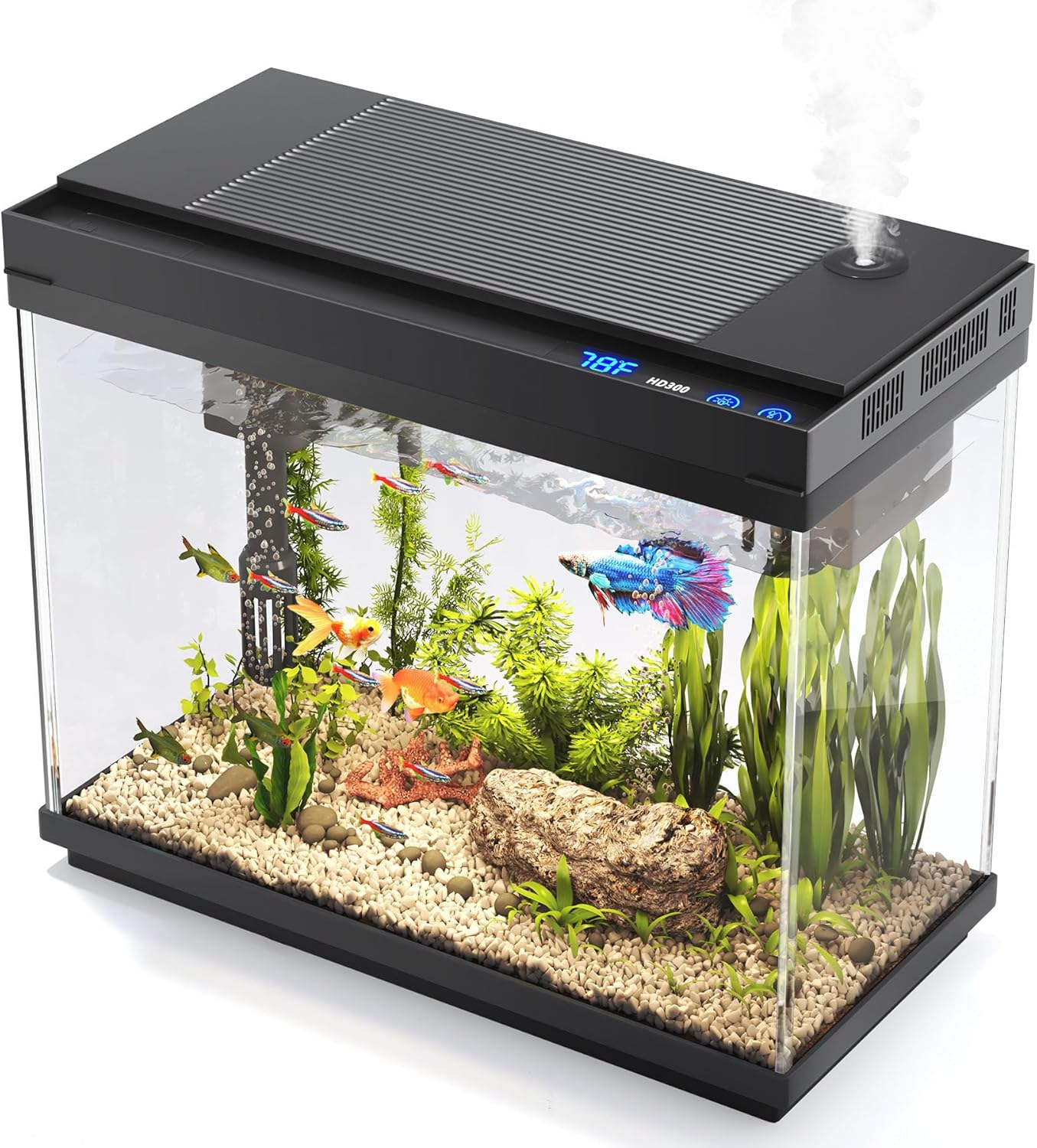 Fish Tank, 2.4 Gallon Fish Aquarium, Fish Tank Starter kit with Smart Humidifier, Temperature Display, 7-Color Lighting, 3 in 1 Quiet Pump with Filteration & Oxygenation & Circulation 2.4 Gallon Black
