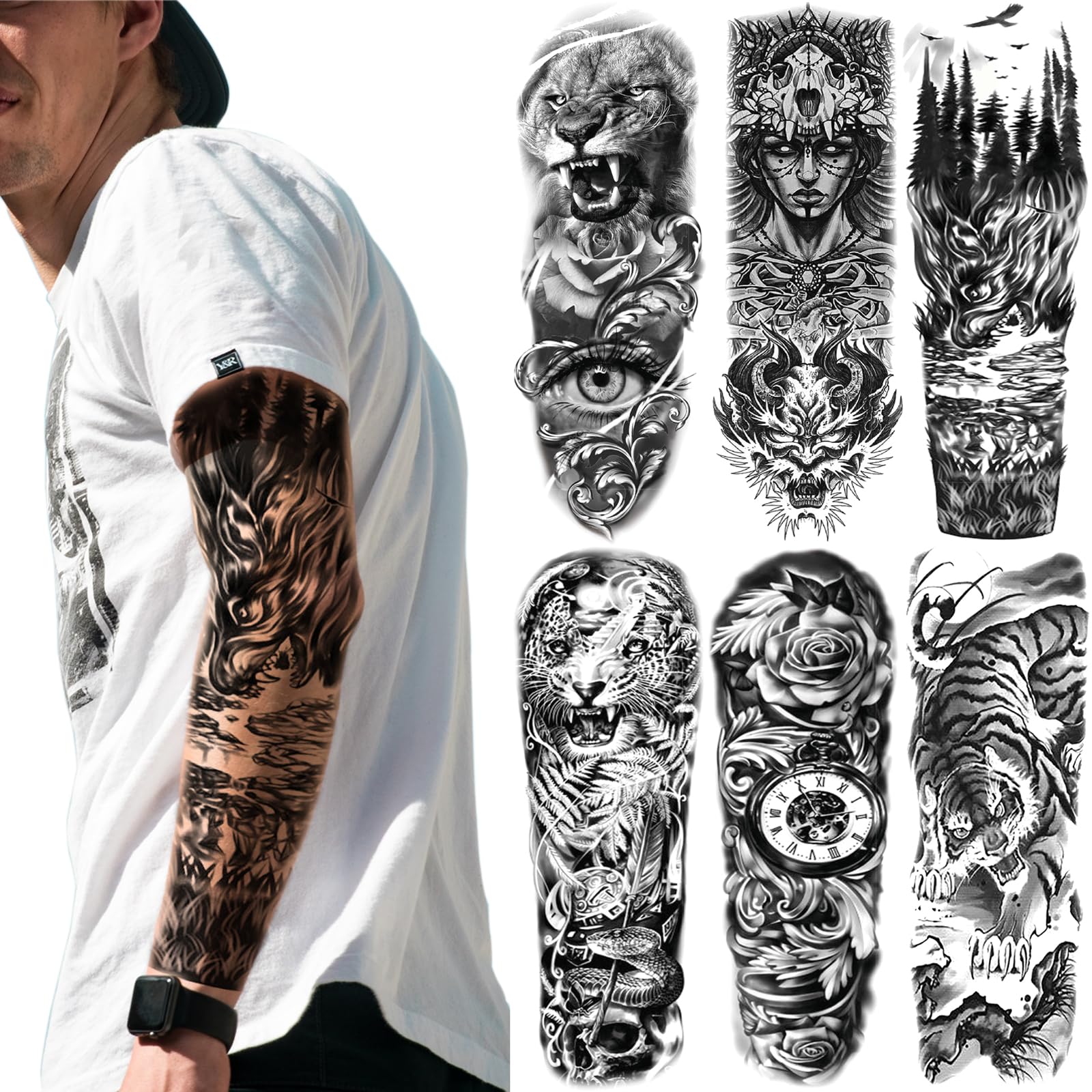 Forest Temporary Tattoo Sleeves, Full Arm Large Wolf Lion Animal Forest Tribal Fake Tattoos Sleeve For Men Women Adult, Black Leopard Tiger Temp Tatoo