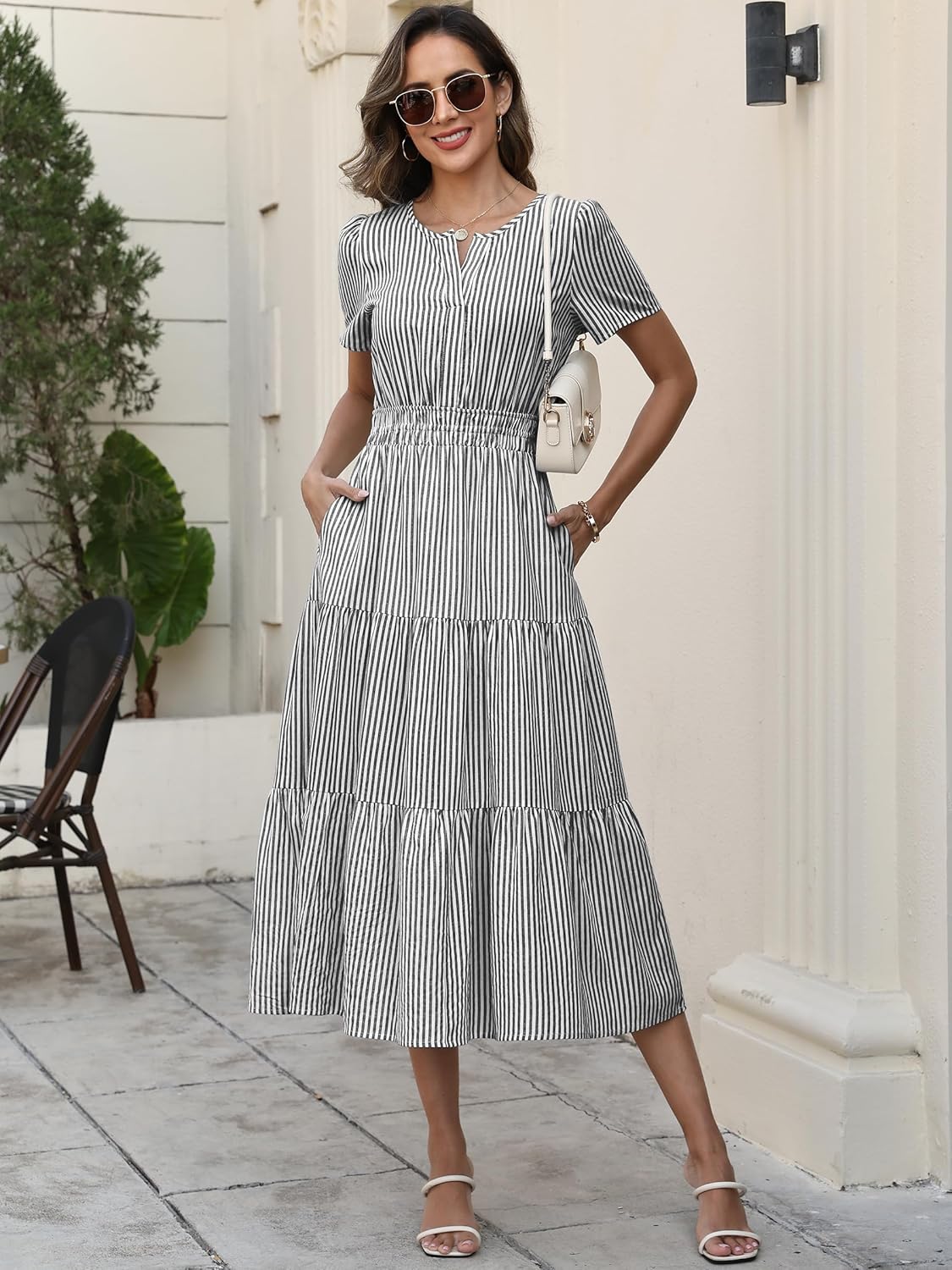 Caracilia Women's Summer Short Sleeve V-Neck Maxi Dress, Gingham & Striped Fabric, Casual A-Line Dress for Beach & Vacation