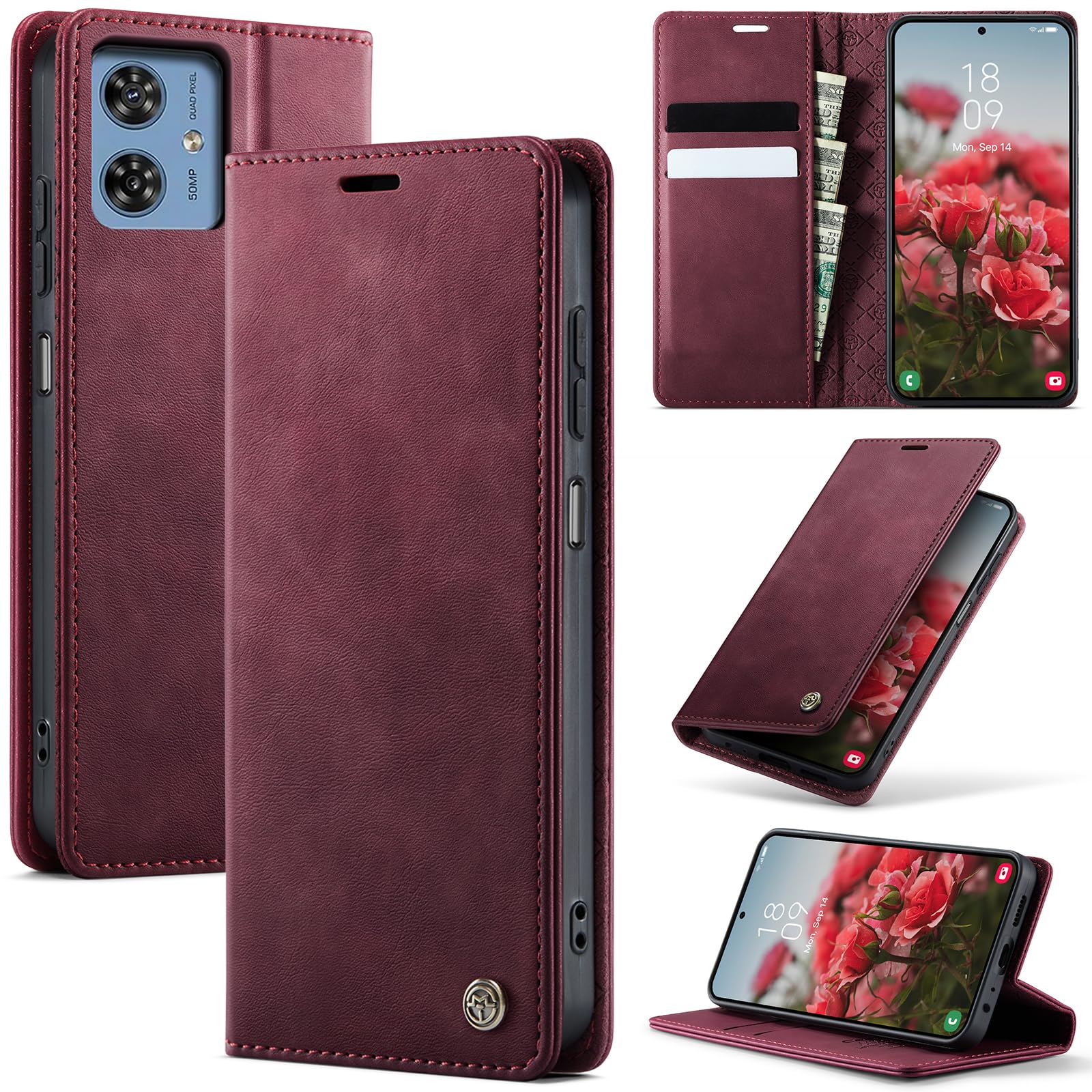 owlhold Handyhülle Motorola Moto G54 / G14 hülle Moto G54 klapphülle Premium Lederhülle RFID Handytasche Faltbare Schutzhülle Kartenfach Standfunktion hülle für Motorola Moto G54 / G14 - Weinrot