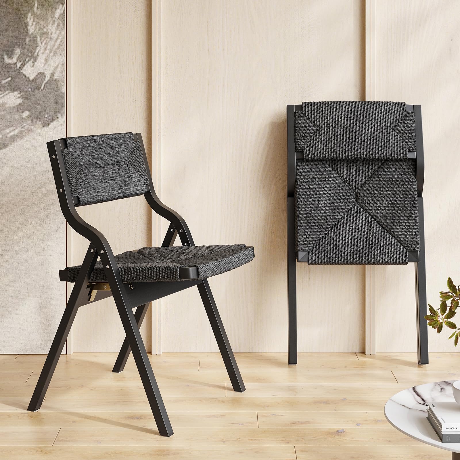 Soohow Wood Folding Chairs, Foldable Chairs Wooden Indoor Stackable Dining Chairs for Kitchen & Dining Room Chair Woven Seat & Webbing Back, Dining