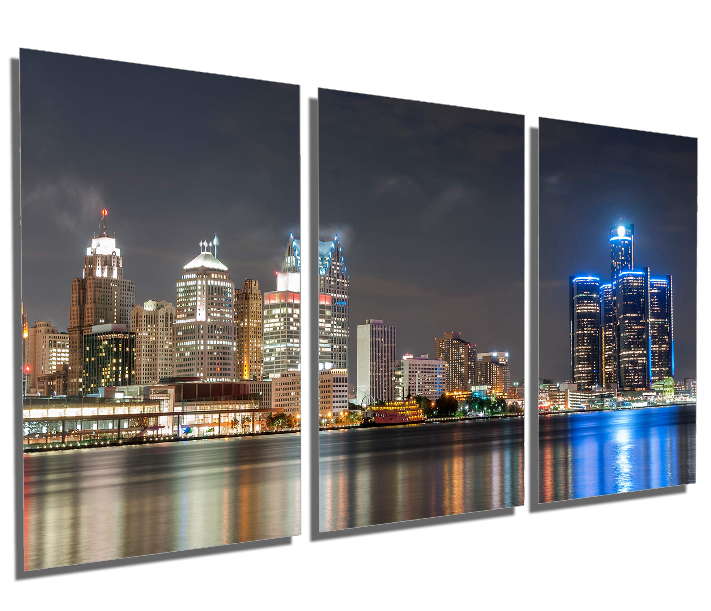 72 x 36 TOTAL - Detroit, Michigan Night Skyline - Metal Print wall art. 3 Panel split, Triptych. HD 