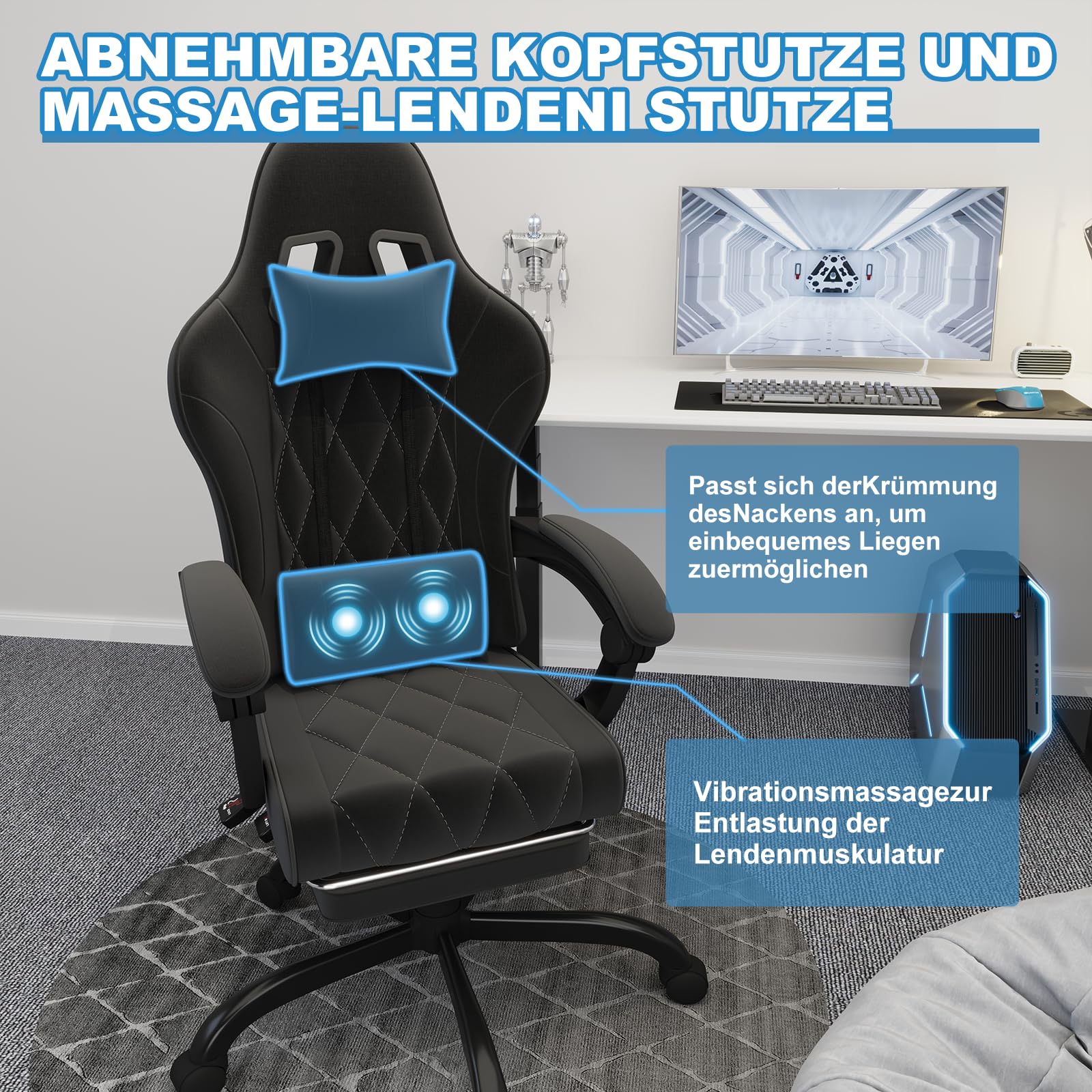 JUMMICO Gaming Stuhl Stoff mit Federpolsterung, Ergonomischer Bürostuhl mit Massager. Gaming Chair mit Kopfstütze, Fußstütze, Höhenverstellbar. Gamer Stuhl 150 kg belastbarkeit, Schwarz