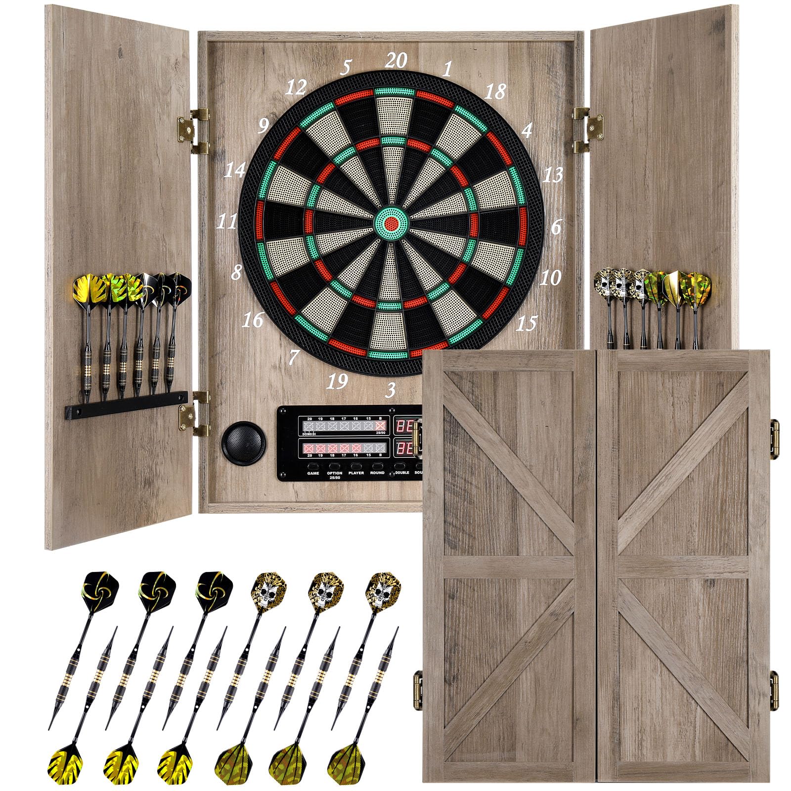 Dartscheibe Elektronisch, Dekoratives Elektronische Dartscheibe Schrank-Set [12 Bronze Soft-Tip Pfeile][Cricket-Spielmodus] - Profi E Dart Scheibe mit Holzschranktüren