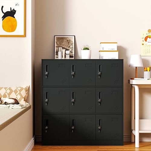 Miniatura 8 de WISUNO Armario de almacenamiento de metal de 9 puertas con ranura para tarjetas, organizador, zapatos y bolsas, casillero de acero para oficina,