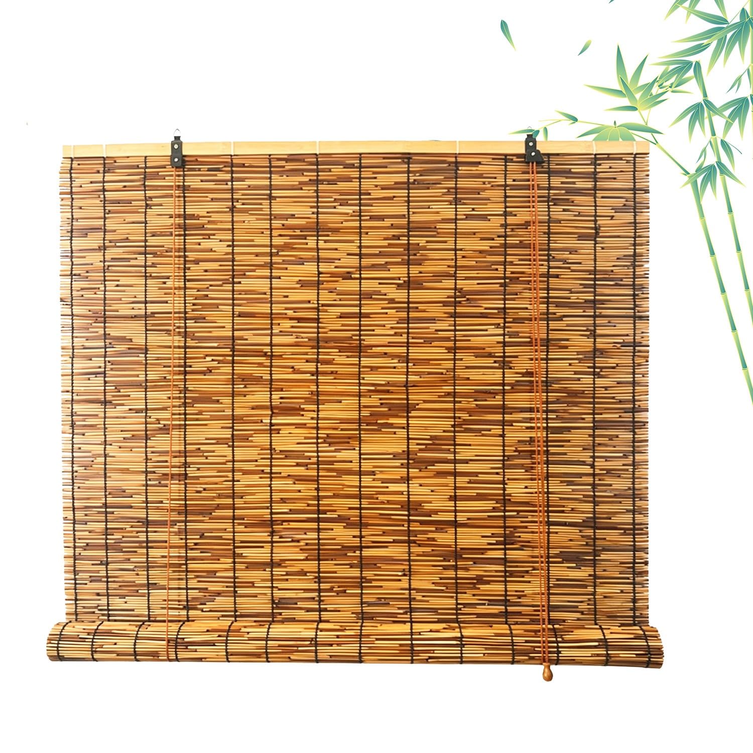 Bambusrollo Outdoor Wetterfest, Sonnenschutz Sichtschutz Bambus Rollo 60 70 80 90 100 125 130 140 150 160 170 160cm, Breit Fenster Rollo mit Haken, Retro Natur Schilf Vorhang(W140 cm x H180 cm)