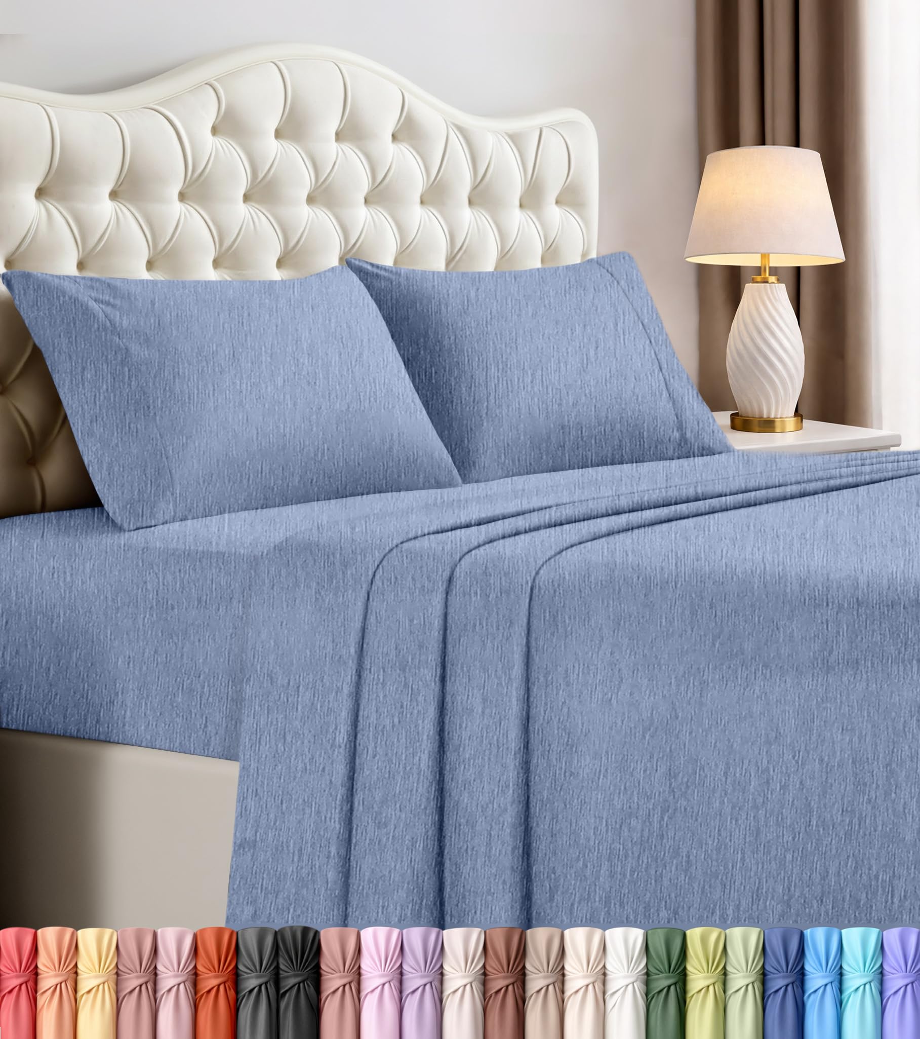 Full Sheets Set, 4 Pieces 16" Deep Pocket Hotel Luxury Sheets, Heather Navy