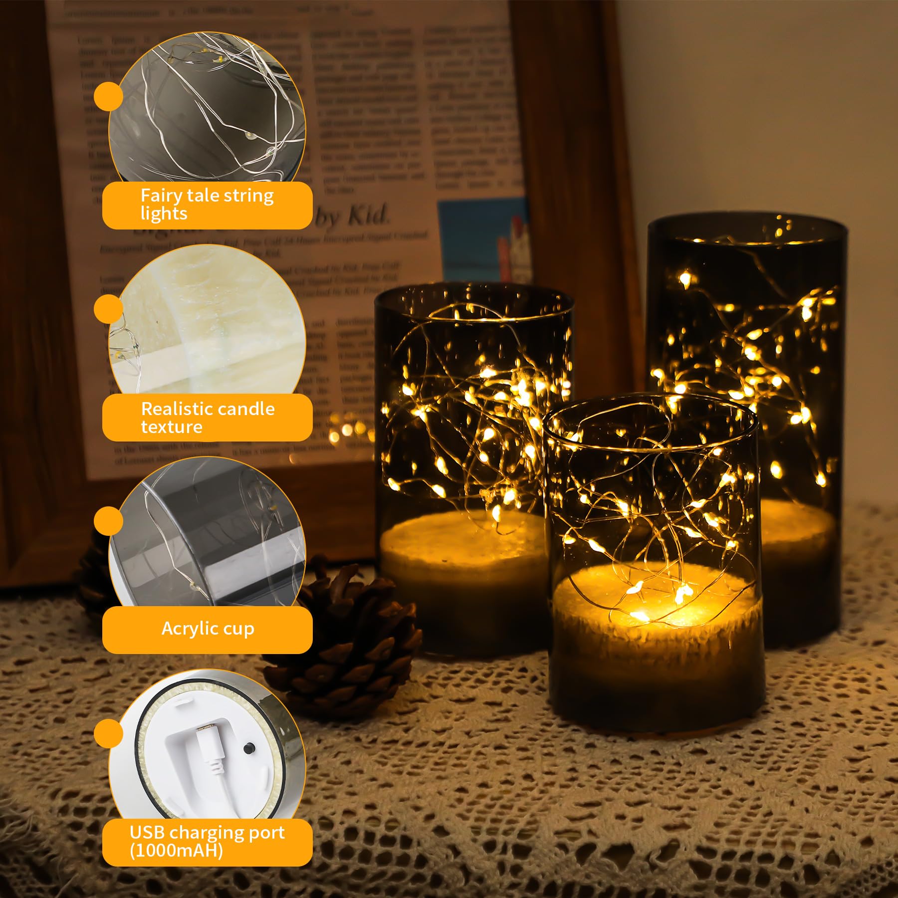 Forever Speed 3 Piezas Velas LED Recargable 1000mAH Luces de Hadas con Temporizador de Mando a Distancia Velas Decorativa Sin Llama para La Decoración Casera del Partido, Acampar, Boda - Gris