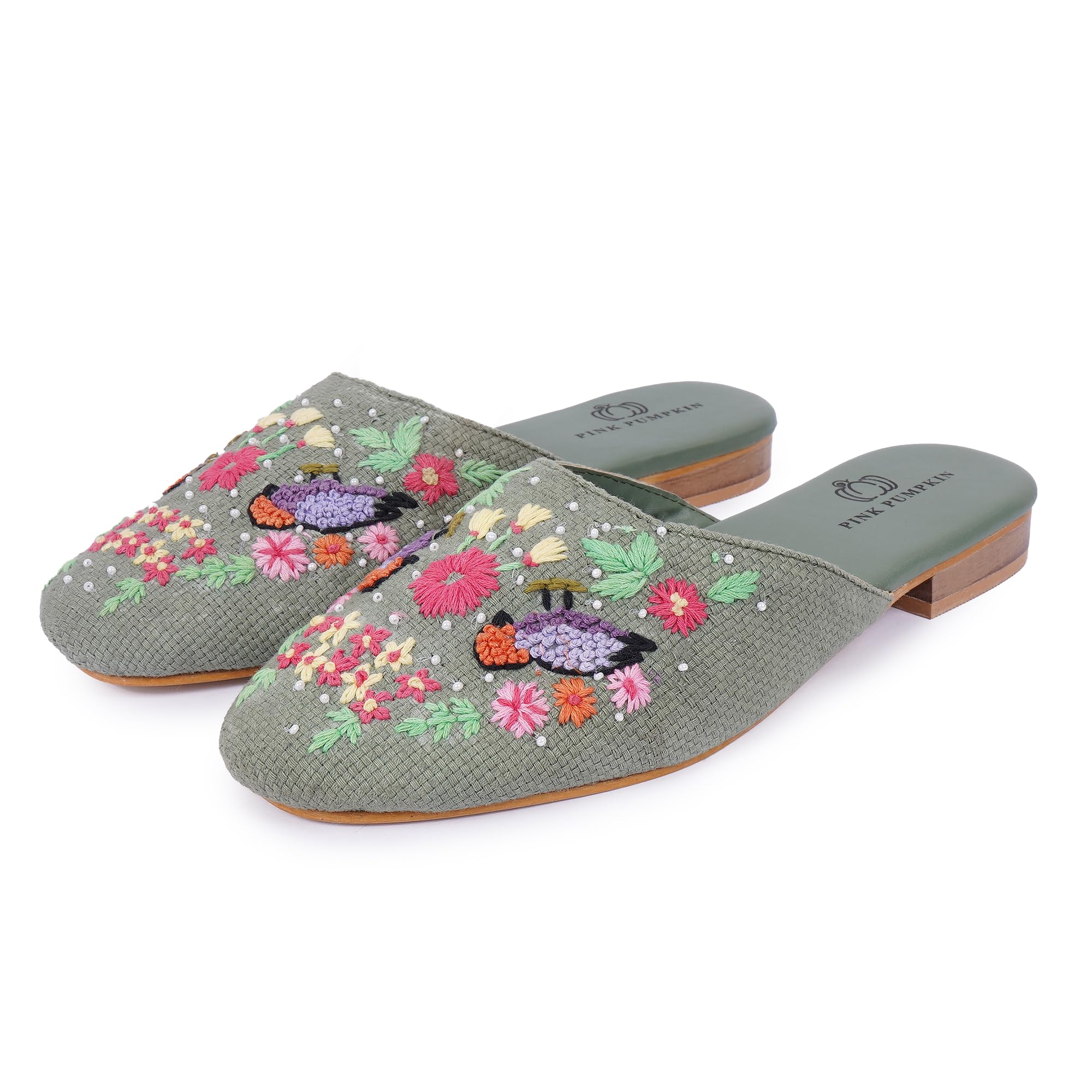 Women Hand Embroidered Mules | Floral Thread Work - Stylish Mojari Jutti, Ethnic Traditional Flats for Women | Embroidered Canvas Slip on Bellies with Double Cushion | Ethnic Shoes-image-44