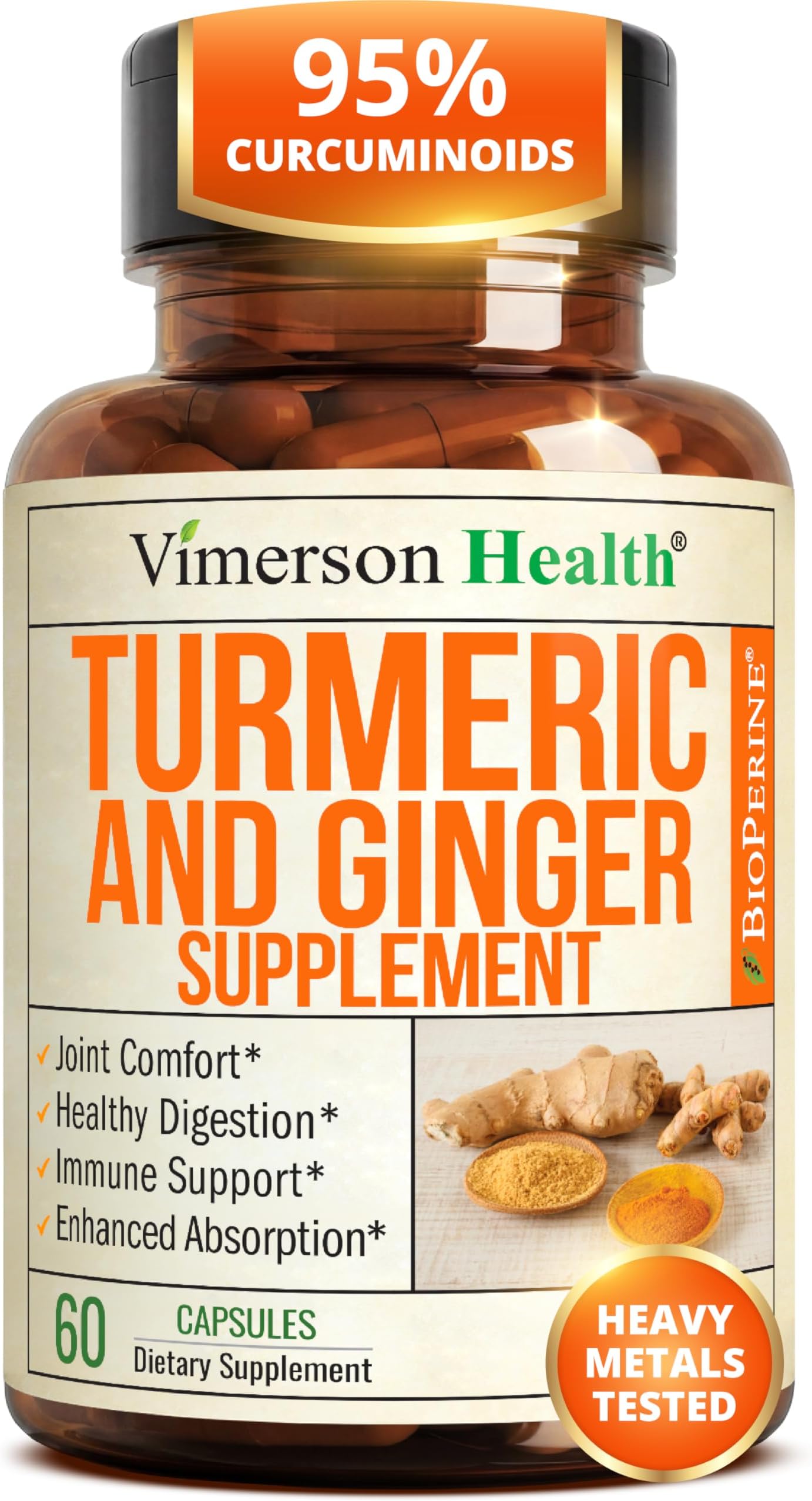 Turmeric and Ginger Supplement with Organic Tumeric for Daily Joint Support, Digestive & Immune Health โ with Ginger & Black Pepper Extract (BioPerine) for Enhanced Absorption โ Non-GMO โ 60 Capsules