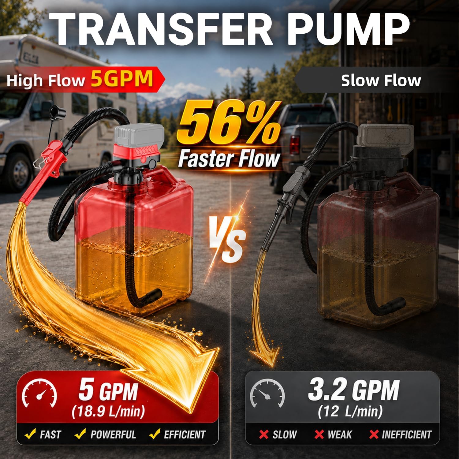 5 GPM Cordless Fuel Transfer Pump with Auto Shut-Off & Level Sensor Compatible with DeWalt 20V & Milwaukee 18V Batteries, 51" Hose & 5 Adapters Gas Can Pump for Gasoline, Diesel (Bare Tool)
