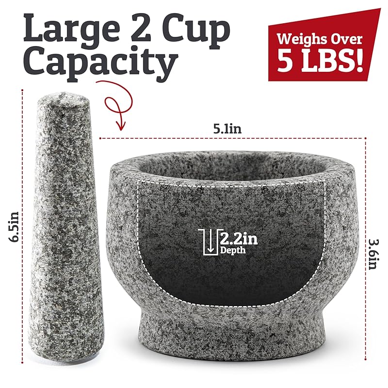 PriorityChef Large Mortar and Pestle Set, Heavy Duty Natural Granite, Make Fresh Guacamole at Home, Solid Stone Grinder Bowl, Herb Crusher, Spice Grinder, 2 Cup Size, Unpolished Grey Grey 2 Cups