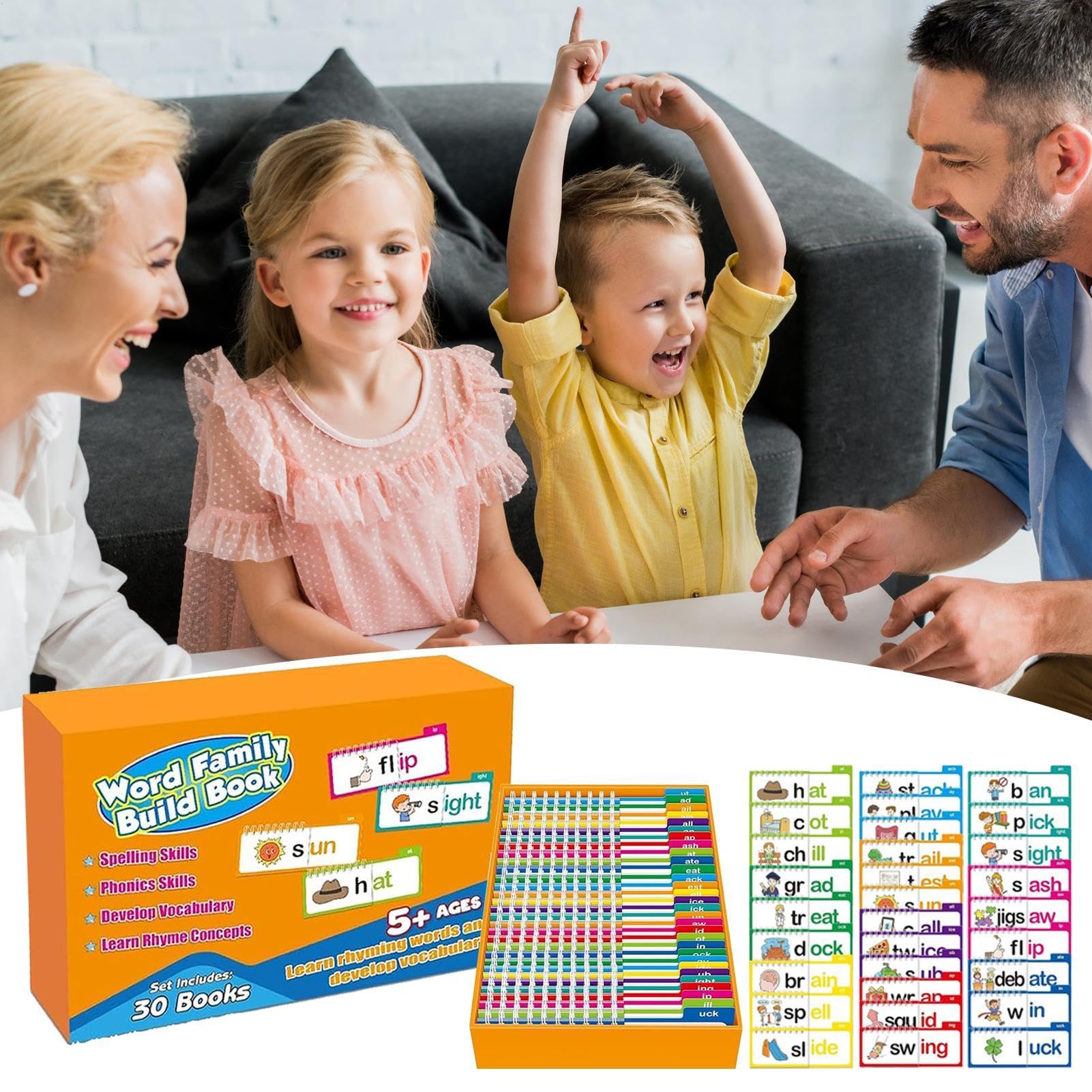 30 Livrations de Lecture et de Rime, Livre de Build de Famille de Mots, Lettres de Mots de Mots Sonne Cartes Flash, Livre d'activité de vocabulaire, Jeux de phonique en Lecture éducative
