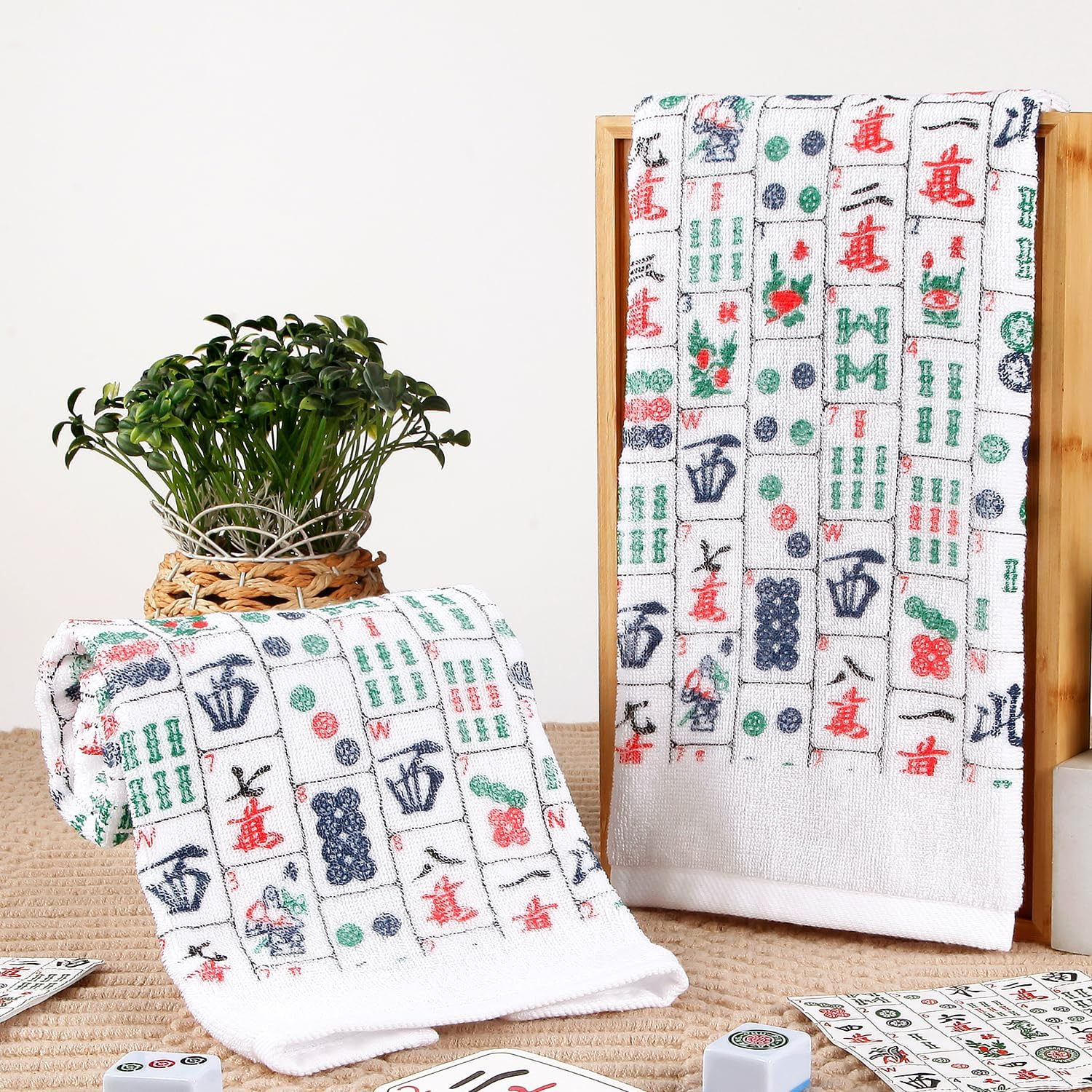 Quera 2 Pack Mahjong Gifts Hand Towels Chinoiserie Mah-jongg 100% Cotton Soft Absorbent Decorative Bathroom Towels Set for Kitchen, Bathroom,Gifts for Mah Jong Players Lovers, 13.7'' x 29.5''