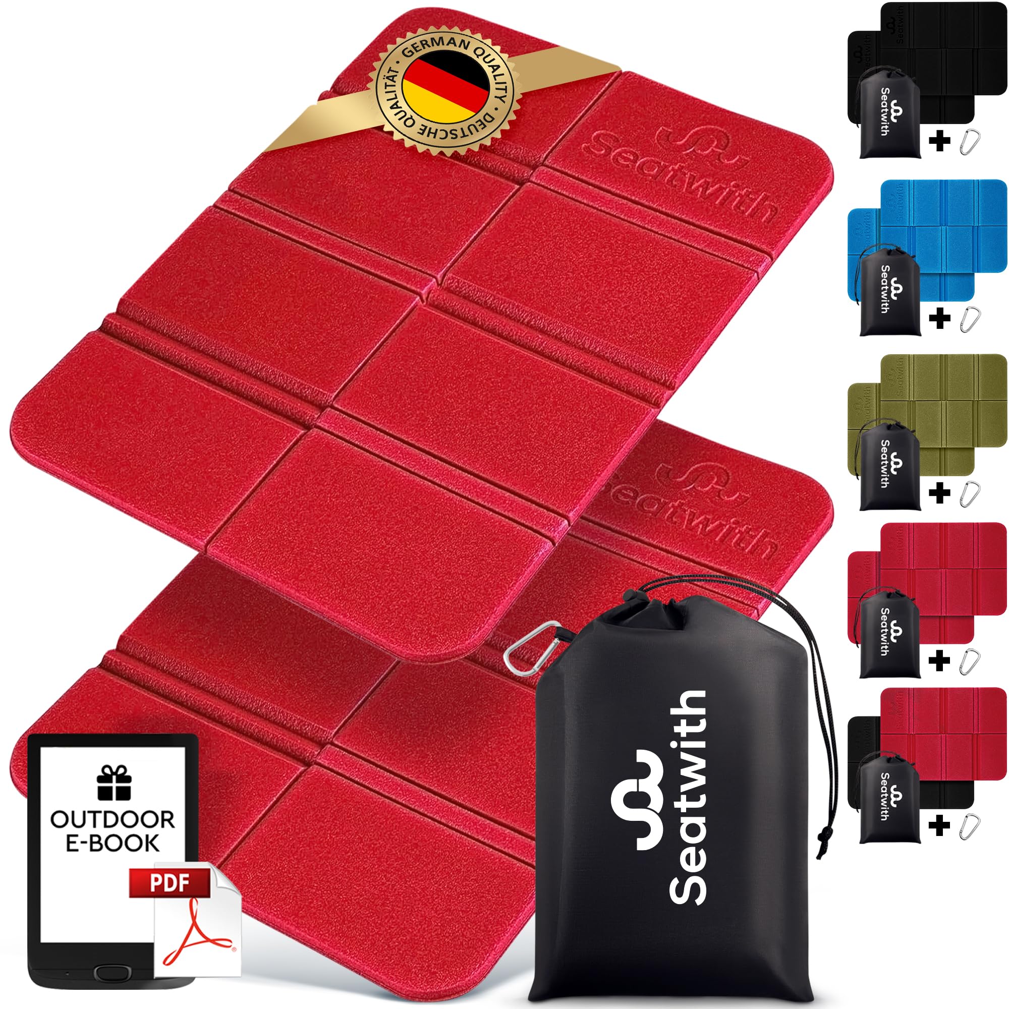 2er Set Outdoor Sitzmatte/Faltbares Iso-Thermo-Sitzkissen mit Tragetasche und Karabinerhacken für ideale Befestigung am Rucksack maximaler Schutz vor Kälte Nässe & Schmutz + Outdoor E-Book