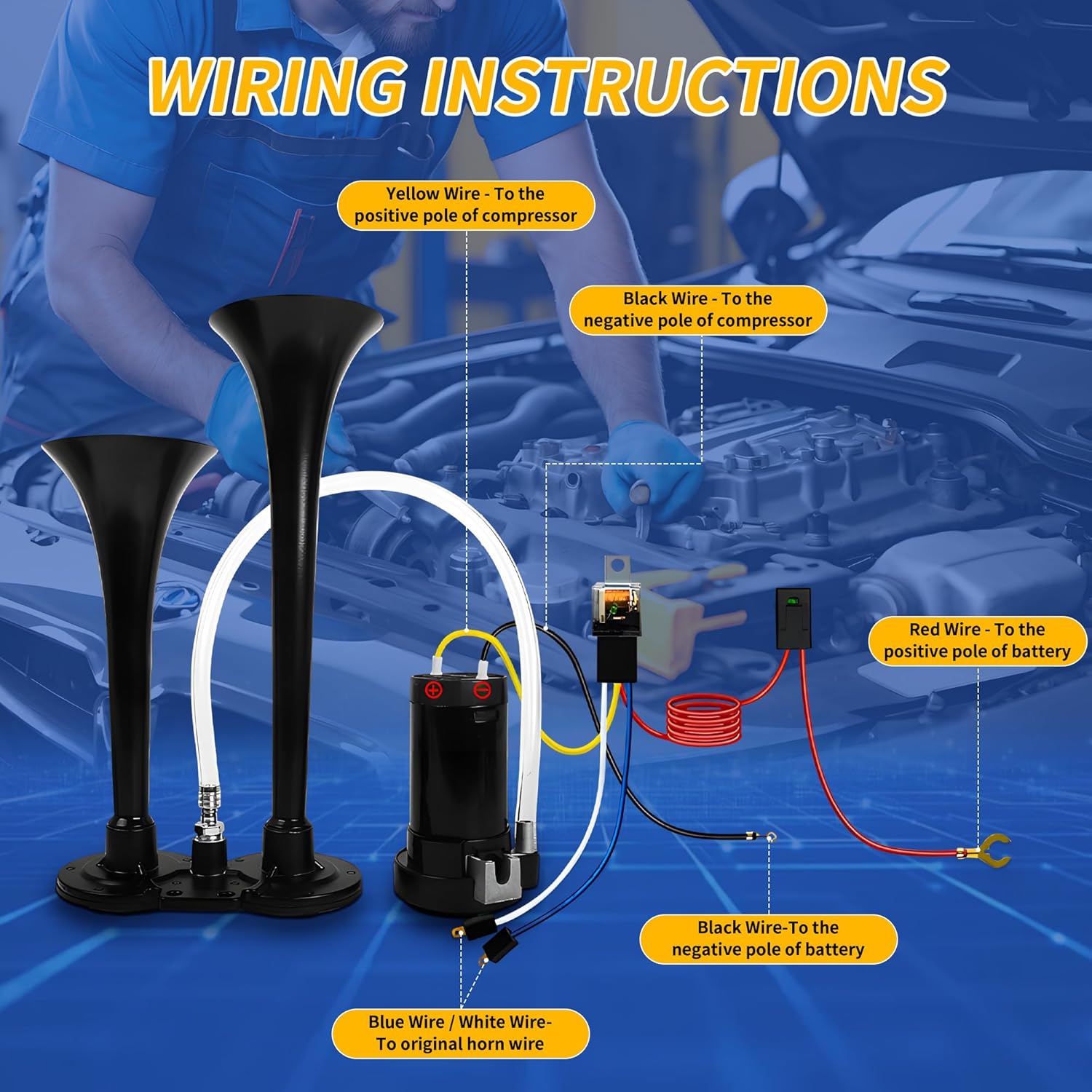 12V Air Horn Kit, Super Loud Train Horn for Truck, Air Horn Dual Truck Horn with Compressor for 12V Vehicles Trucks Pickup Trains Cars Boats (Dual black)