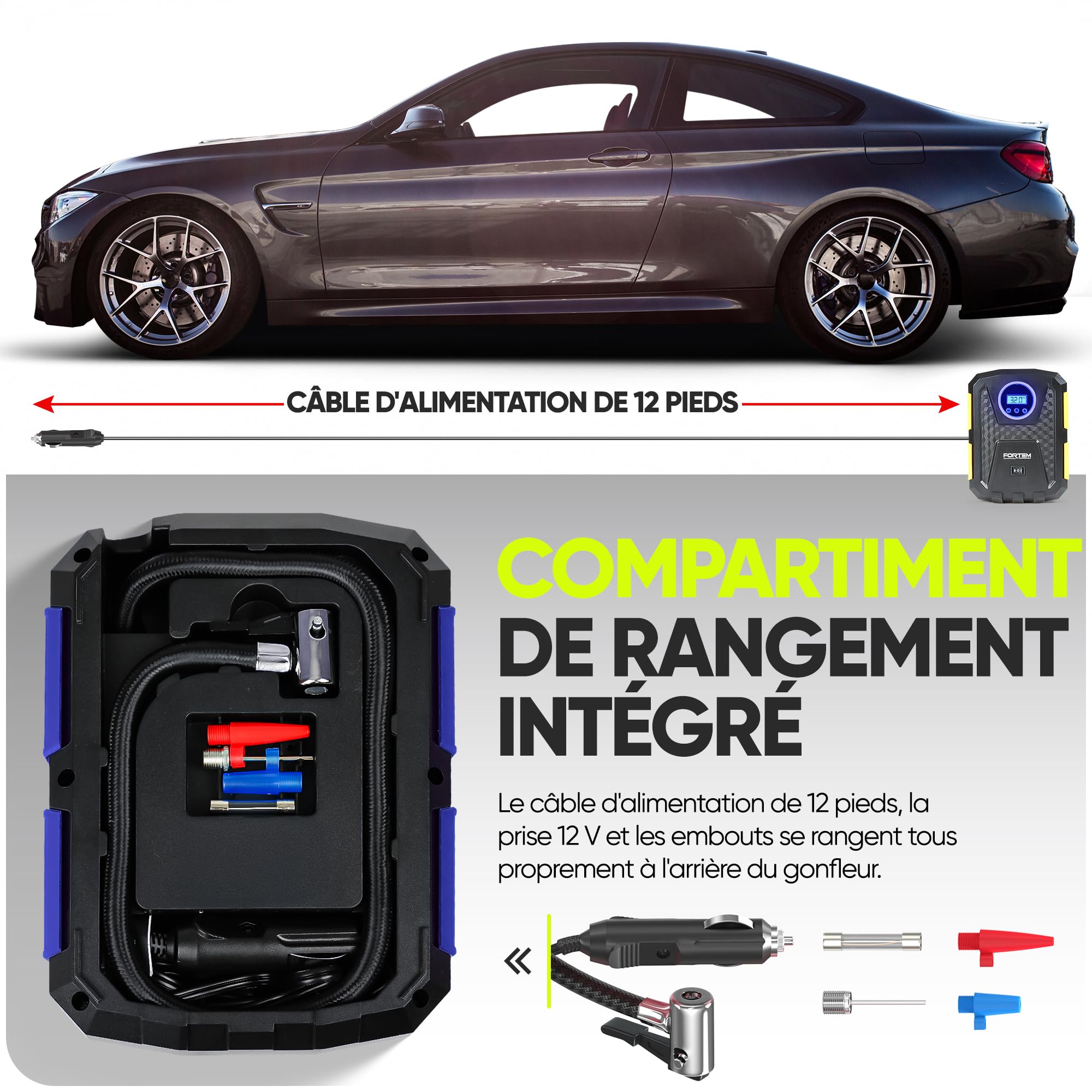 FORTEM Gonfleur pneus voiture - Compresseur 12V - Compresseur à air portatif automatique (150 PSI) - Gonfleur pneu voiture avec éclairage LED - Compresseurs d'air Portatifs - Moto & Vélo