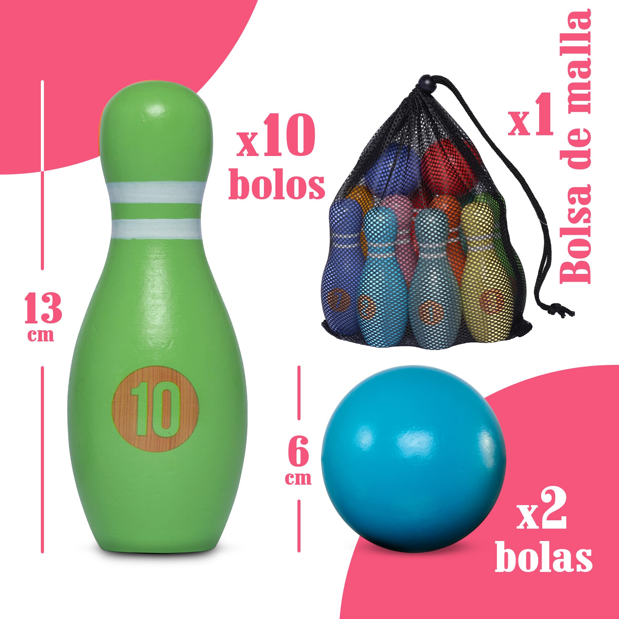 Pink Papaya Bolos Infantiles, Juego de Bolos para Niños de 12 Piezas, Juegos de Exterior Niños, Juguetes para Niñas