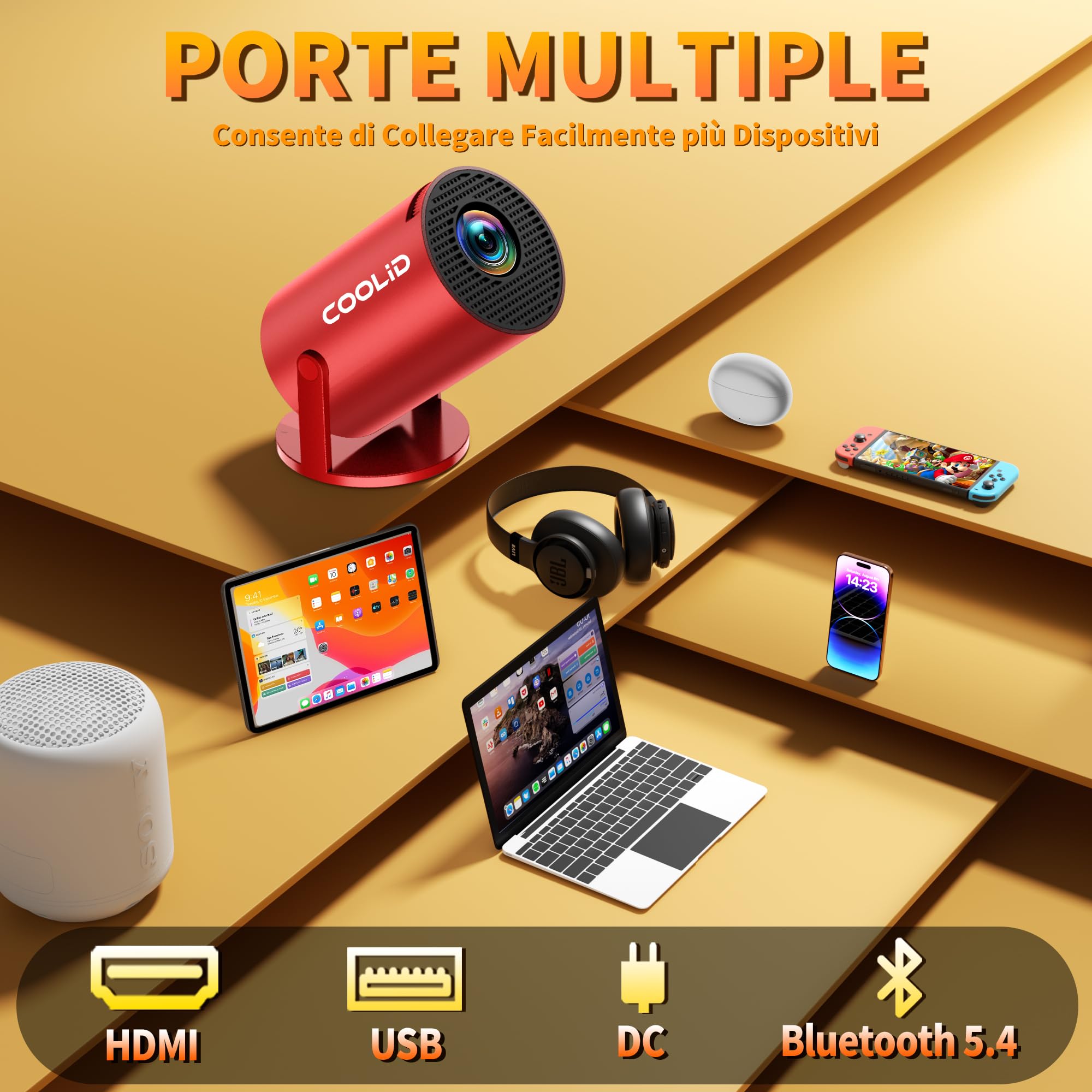 Mini Proiettore Full HD 1080P, Proiettore Portatile Videoproiettore [App integrata] WiFi 6 Bluetooth 5.4 Auto Keystone, Chiavetta TV/USB/Laptop/HDMI/iOS, con Mouse Red