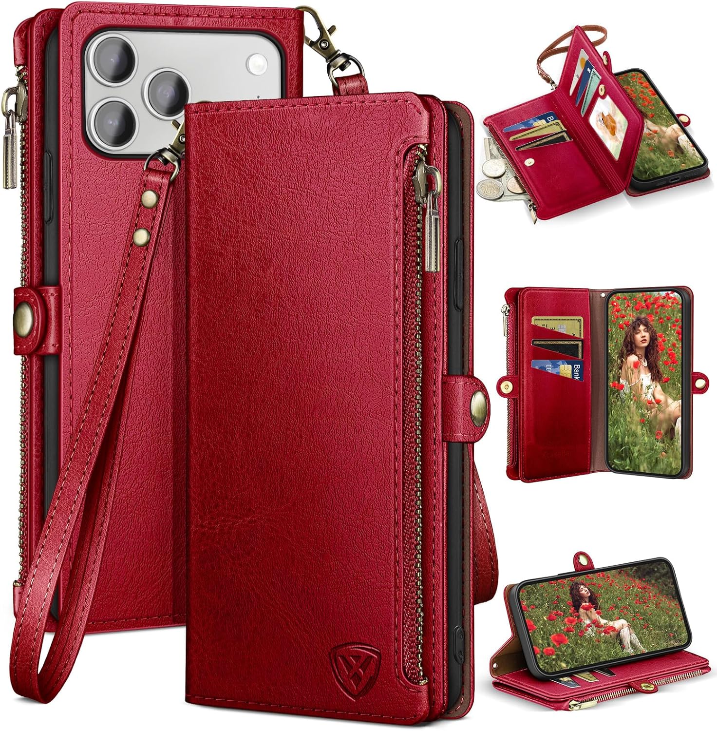 XcaseBar Compatible with iPhone 17 Pro 6.3" Wallet case with Zipper Credit Card Holder?RFID Blocking?,Flip Folio Book PU Leather Phone case Shockproof Cover Women Men for Apple 17 Pro case Red