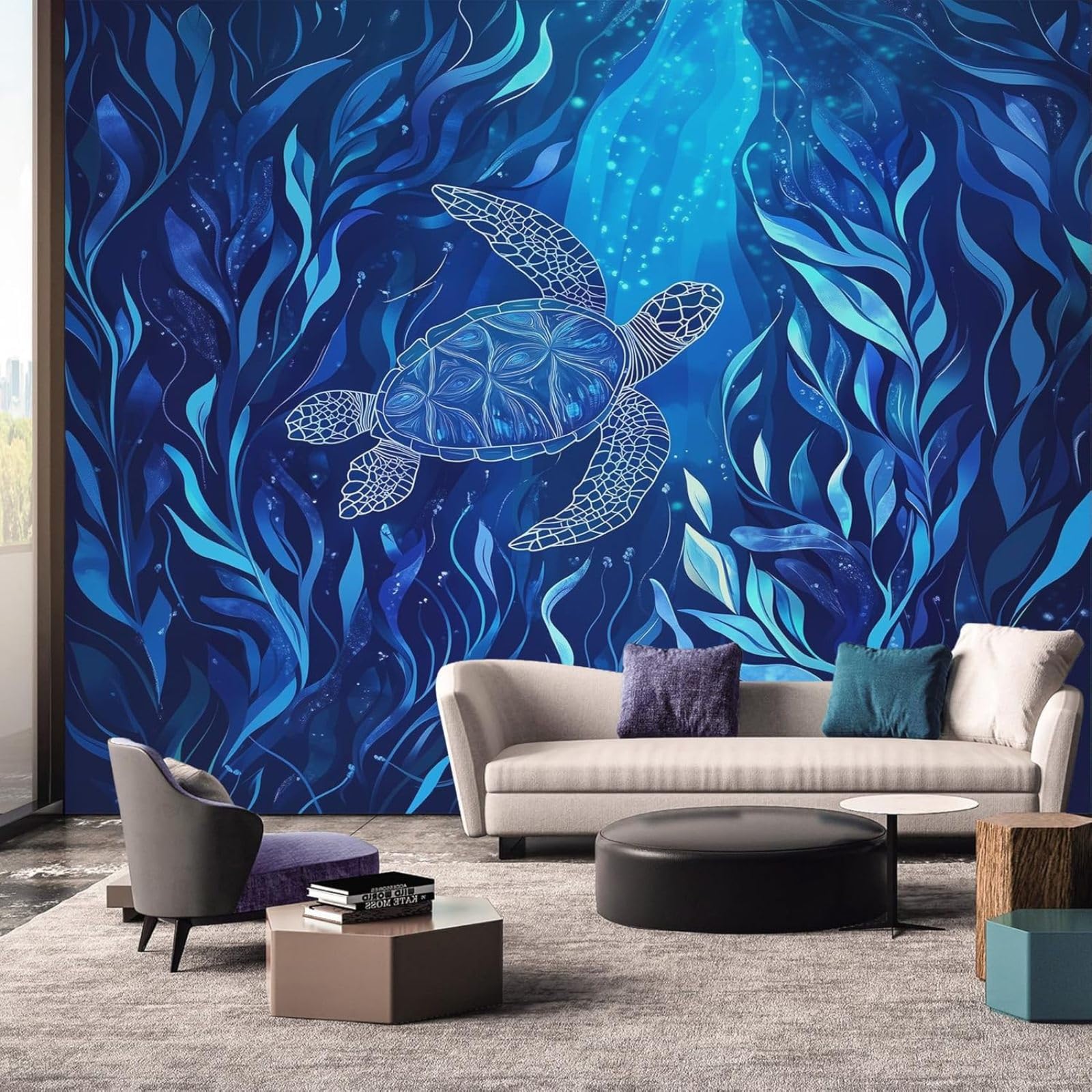 Papier peint photo tortue marine bleu pour salon et chambre 300x210 cm
