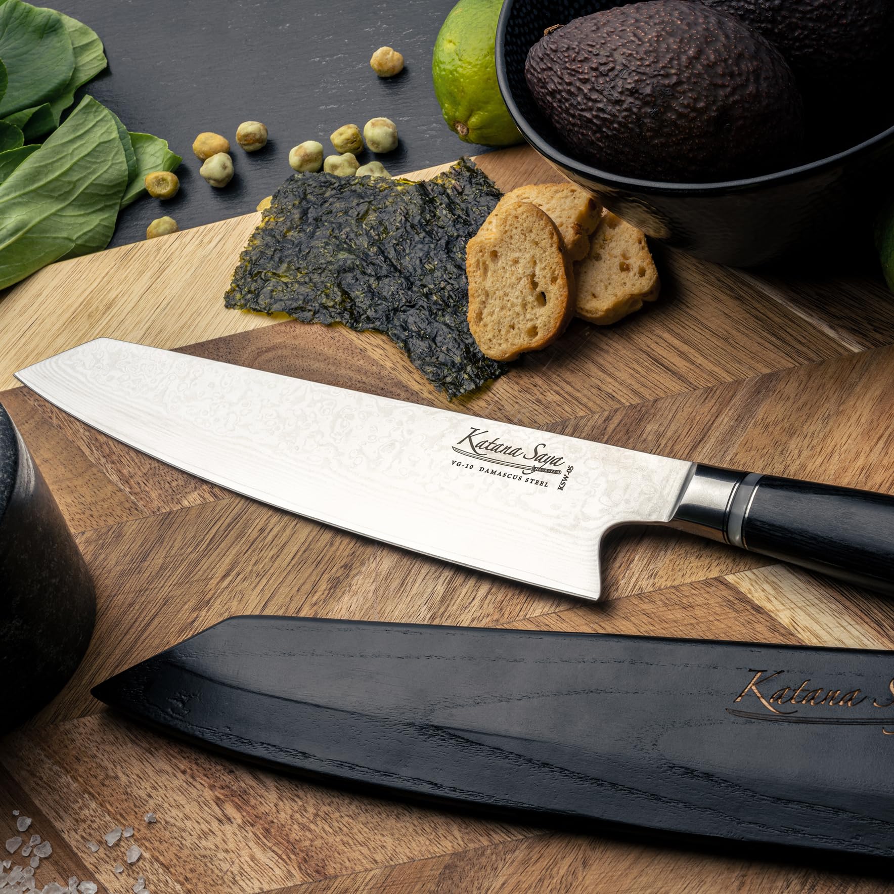 Nóż Kiritsuke Katana Saya 24 cm, 67-warstwowa stal nierdzewna VG-10 Damascus, rękojeść z drewna Pakkawood