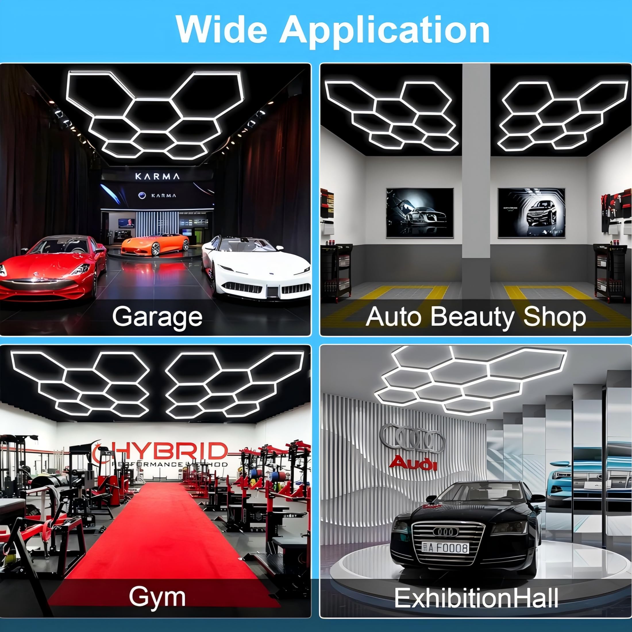 hexagon led garage,lámpara de techo led hexagonal,diseño de panal, 672 W, 6500 K, deformable, hexagonal, for garaje, taller, almacén, sótano y gimnasio.(14 trous)