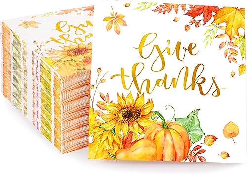 100 servilletas desechables de Acción de Gracias, servilletas de otoño con hojas de girasol y calabaza, toallas de papel de mano de 3 capas para