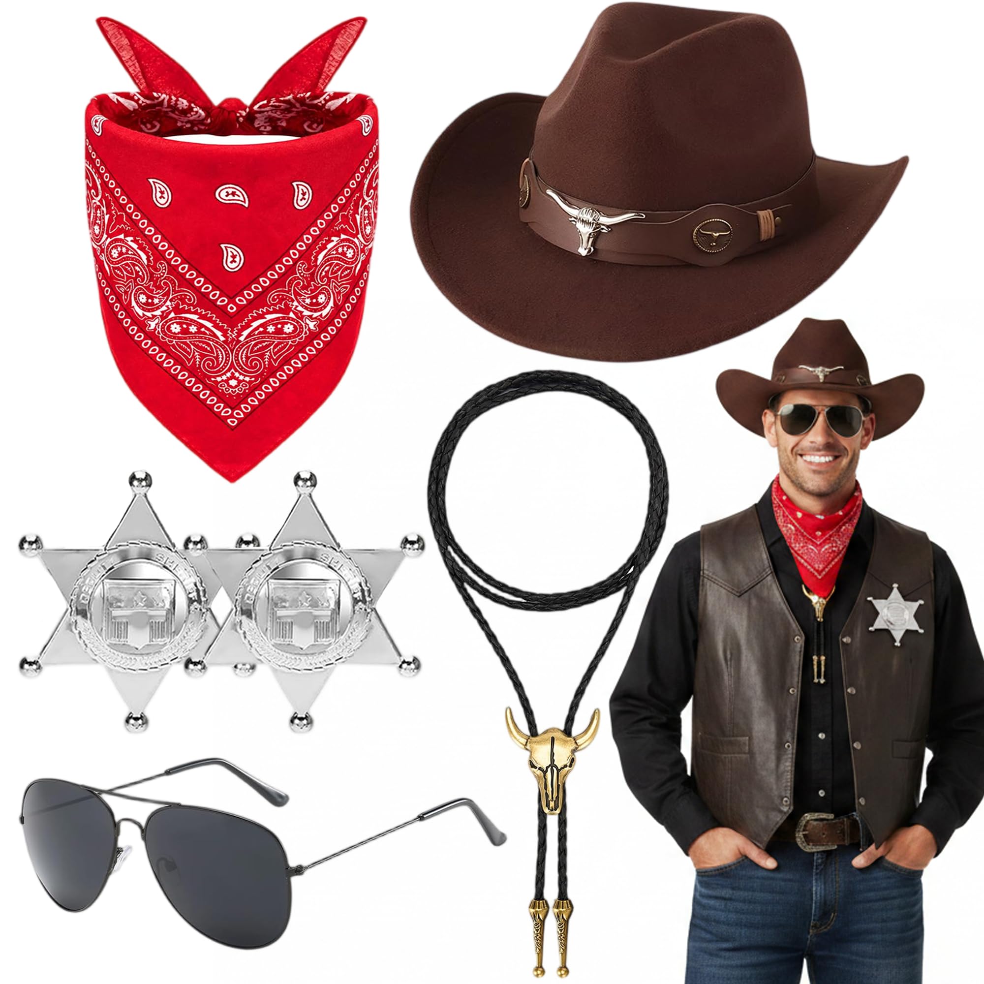 Fictoria Western Cowboy Costume Accessories - 6Pcs Western Fancy Dress Kit Includes Hat Bandana Sunglasses Sheriff Badge Bolo Tie, Men Women Kids for Cosplay Birthday Party (Tan)