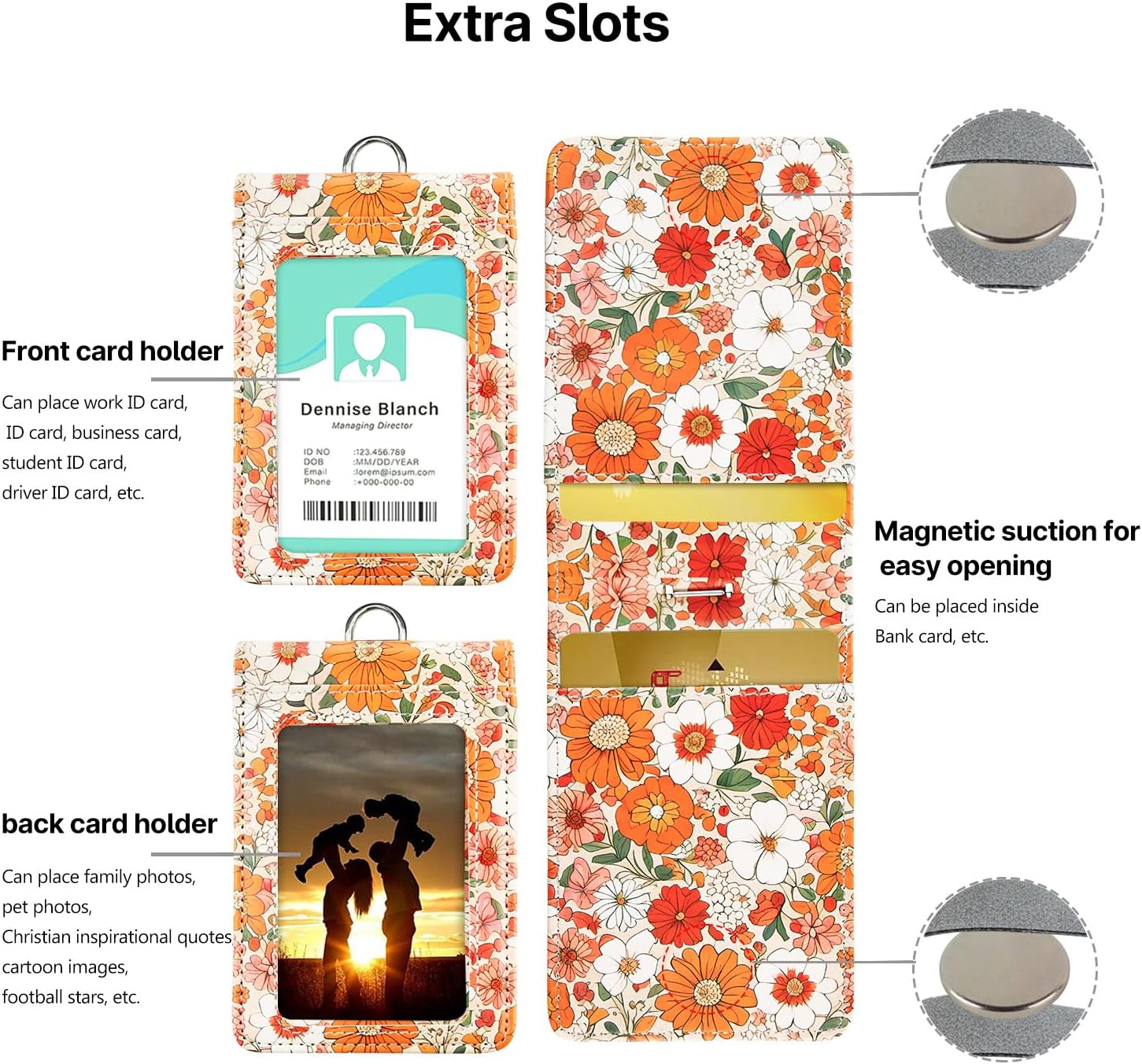 Cute Badge Holder with Clear Double-Sided Windows Easily Holds 1 to 4 Cards,Floral Leather ID Name Badge Holder with Adjustable Retractable Lanyards, Breakaway Neck Lanyards for Nurse Teacher School - Image 5