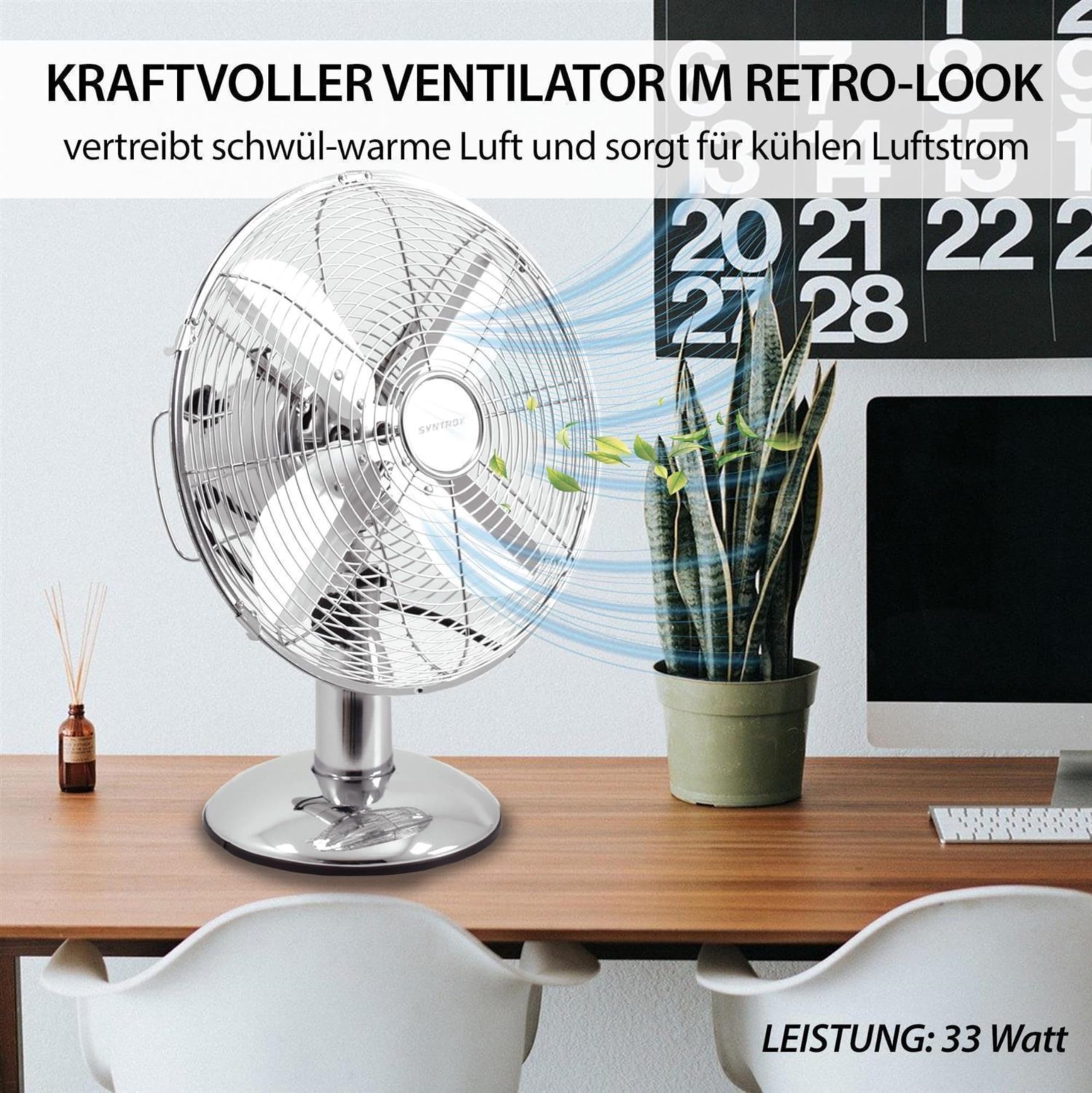 Syntrox Retro Tischventilator mit Oszillation Blinara | Ventilator Tischgerät, elegant und leistungsstark, 33 Watt, Energiesparend, automatische Schwenkfunktion
