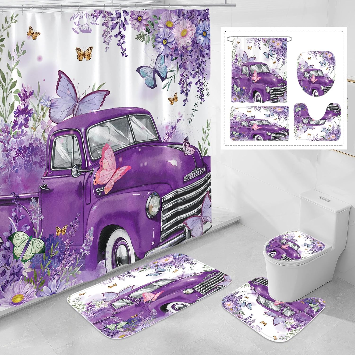 Amazon.com: Litabel 4 Pcs Purple Floral Shower Curtain Set with Rugs ...