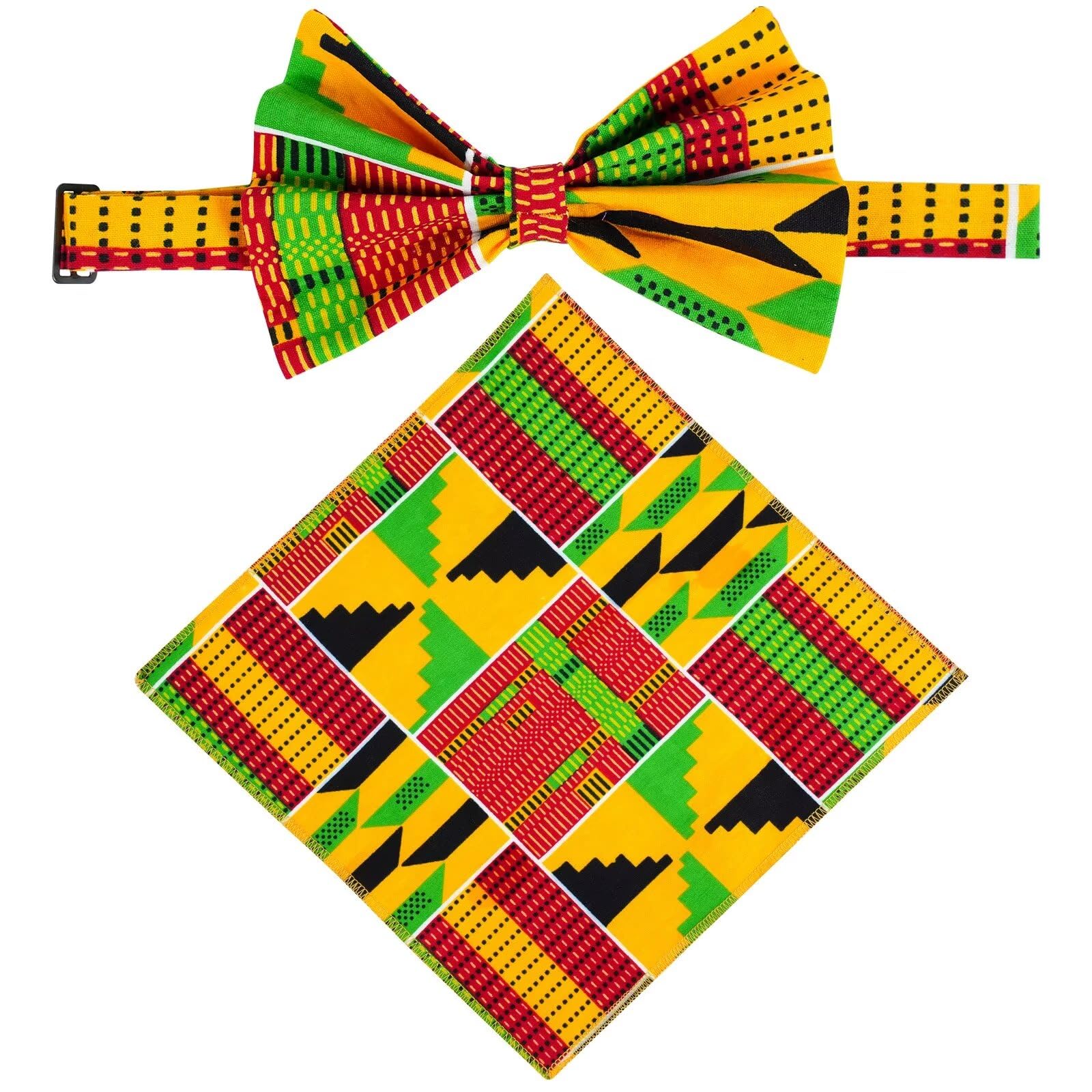 Stioyitois Premium African Print Kente Pre-Tied Bow Ties & Pocket Square Set for Men, T1, 5.25" x 2.75" (Bow Tie), 10" x 10" (Pocket Square)