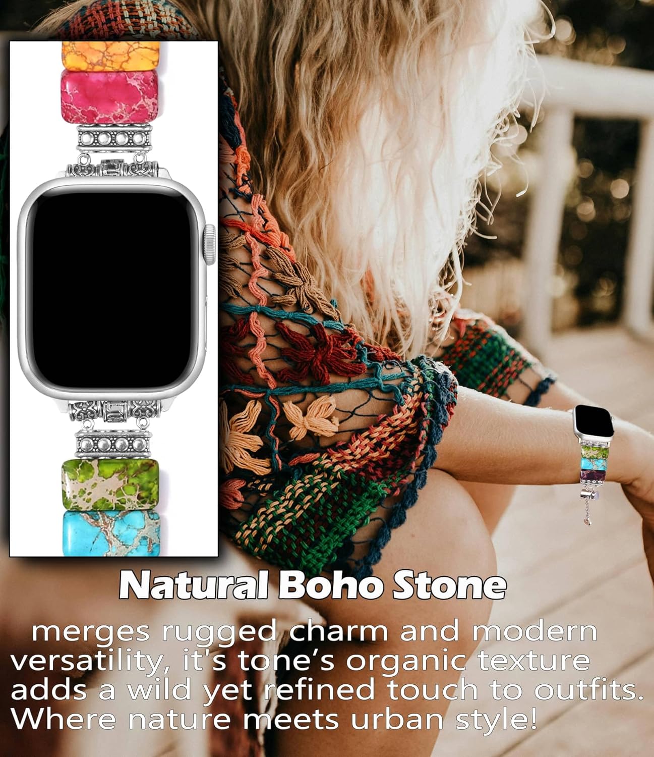 Natural Stone Boho Band Compatible with Apple Watch Bands 38/40/41/42/44/45/46/49mm Women Men, Handmade Beaded Western Vintage Strap for iWatch Series 10 9 8 7 6 5 4 3 2 1 SE - Image 6