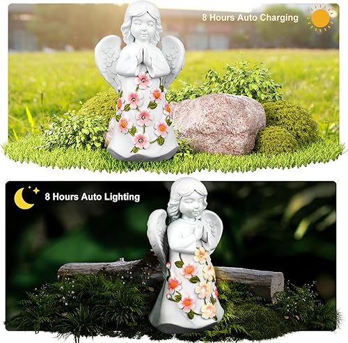 Miniatura 2 de CrazyQueen Estatuas de ángulo para exteriores, decoración solar de jardín con luz, luz de ángel de la guarda, piedras conmemorativas para patio,