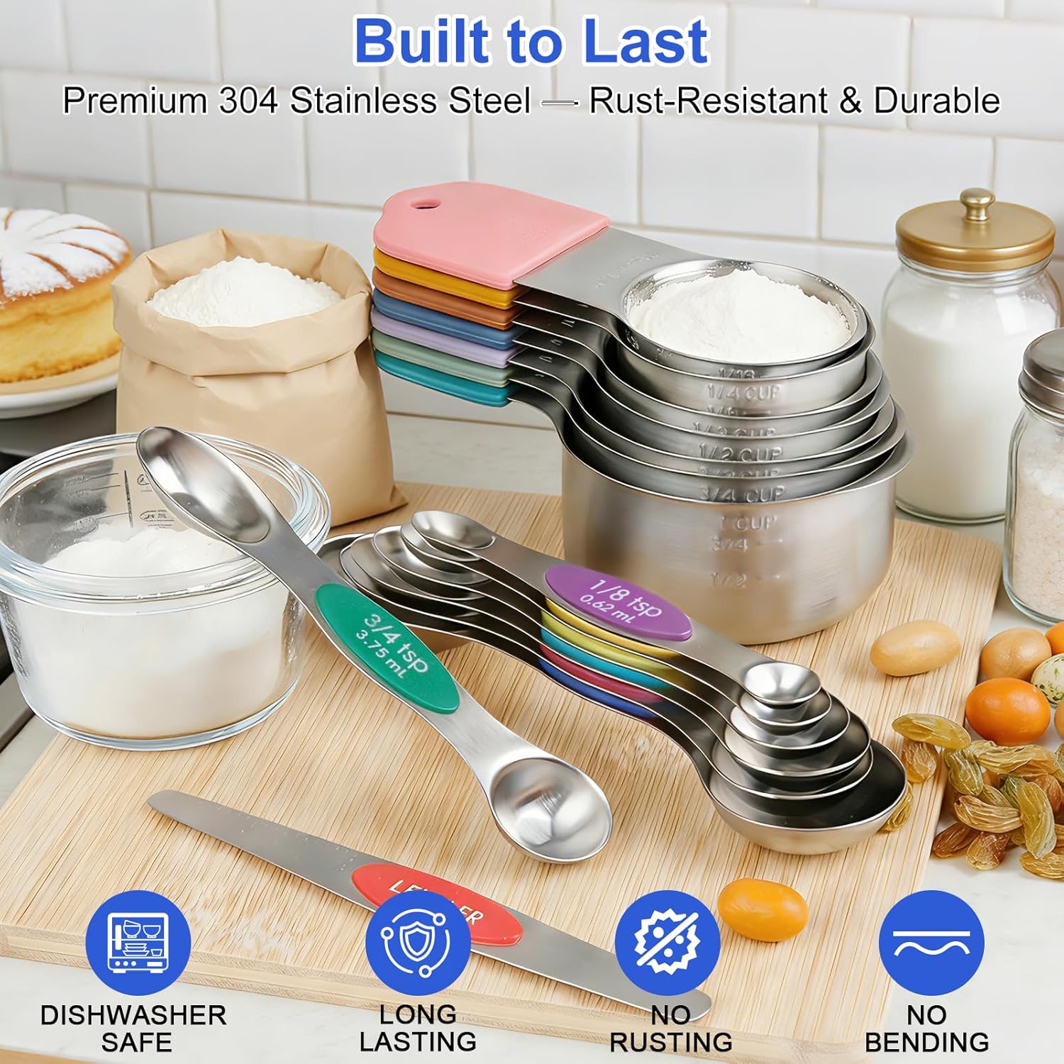 Magnetic Measuring Cups & Spoons Set, Strong N45 Magnets, Heavy Duty Stainless Steel Fits in Spice Jars for Baking & Cooking, BPA Free, Round Set of 15 with Leveler, Light Colorful