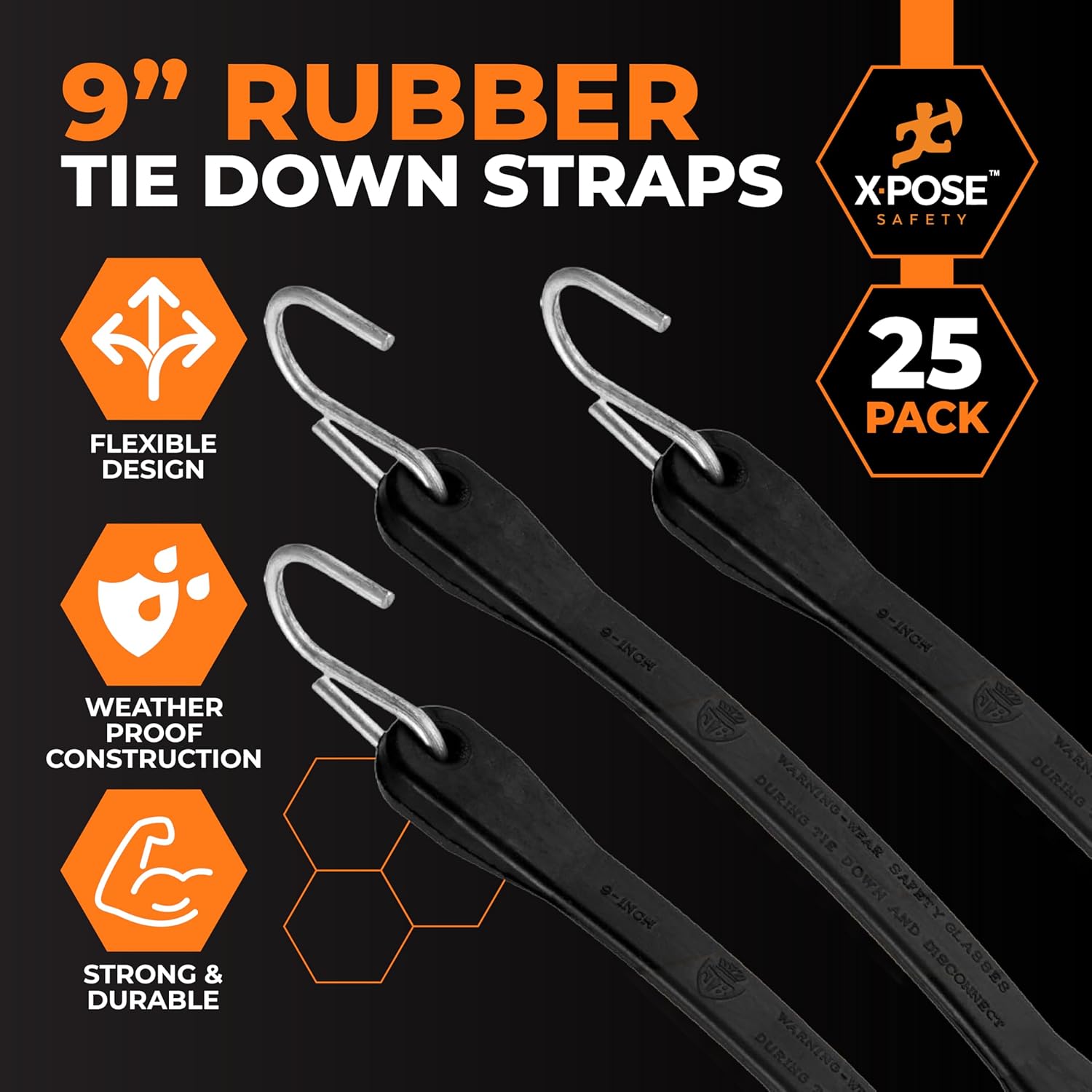 Rubber Bungee Cords with Hooks 25 Pack 9 Inch (14” Max Stretch) Heavy-Duty Black Tie Down Straps for Outdoor, Tarp Covers, Canvas Canopies, Motorcycle, and Cargo - by Xpose Safety