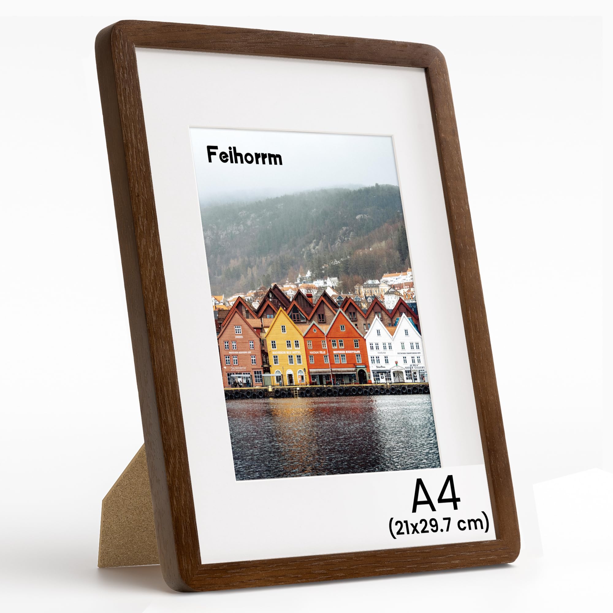 Feihorrm Solid Wood Picture Frame, Oak Picture Frame with Tempered Glass, for 21 x 29.7 cm Photos without Mount or 13.9 x 20 cm Photos with Mount (Dark Brown, A4 (21 x 29.7 cm)