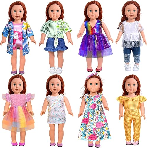 WONDOLL Ropa y accesorios para muñecas de 18 pulgadas, 8 juegos de ropa de muñeca americana compatible con todos los trajes de muñecas de 18